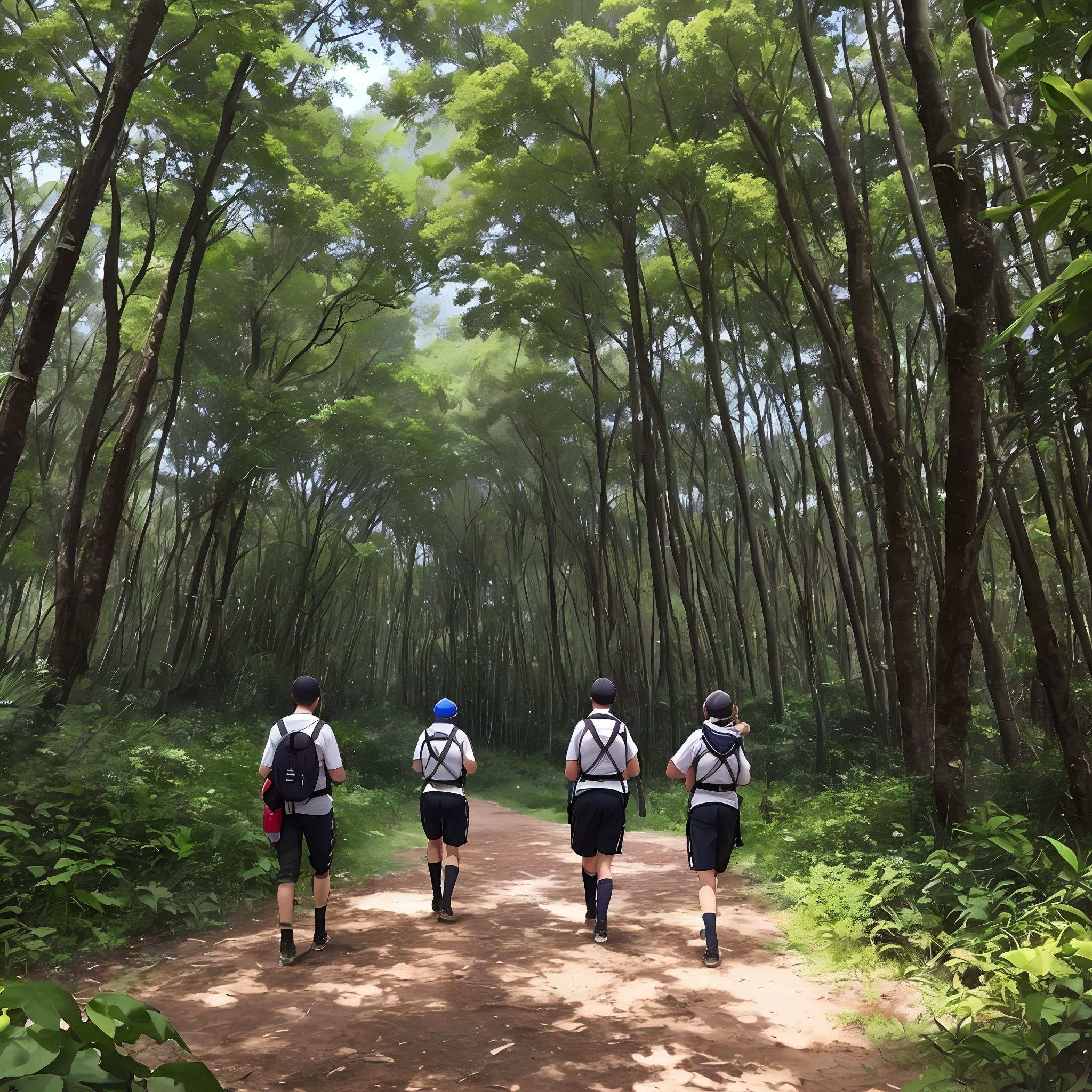 Uma imagem dos amigos caminhando pela ilha, amidst dense vegetation, demonstrating determination and team spirit. They're looking forward, ready to face the challenges they will encounter.