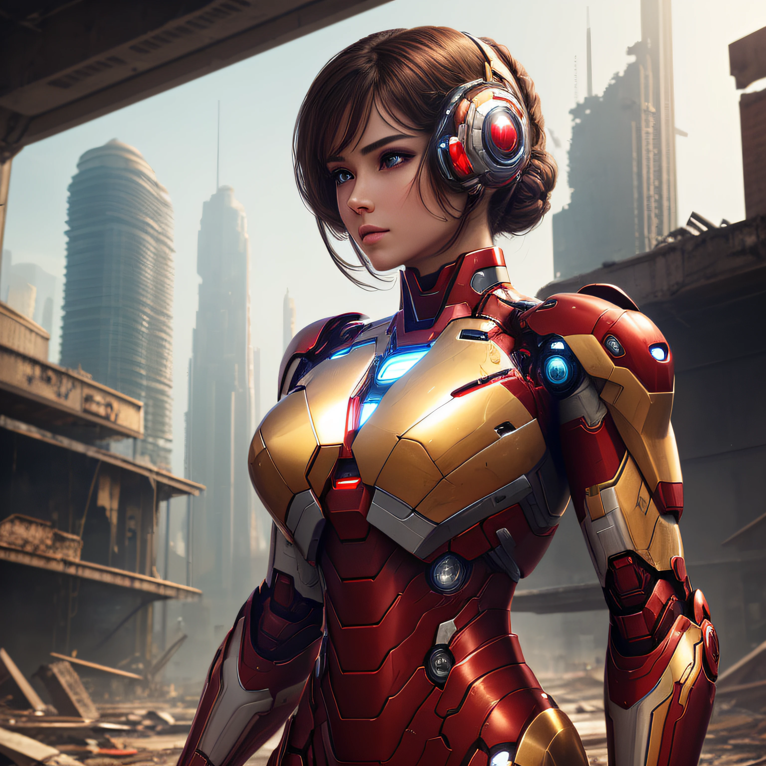RAW, Masterpiece, Ultra Fine Photo,, Best Quality, Ultra High Resolution, Photorealistic, Sunlight, Full Body Portrait, Stunningly Beautiful,, Dynamic Poses, Delicate Face, Vibrant Eyes, (Side View) , she is wearing a futuristic Iron Man mech, red and gold color scheme, highly detailed abandoned warehouse background, detailed face, detailed and complex busy background, messy, gorgeous, milky white, high detailed skin, realistic skin details, visible pores , sharp focus, volumetric fog, 8k uhd, dslr camera, high quality, film grain, fair skin, photorealism, lomography, sprawling metropolis in futuristic dystopia, view from below, translucent --auto