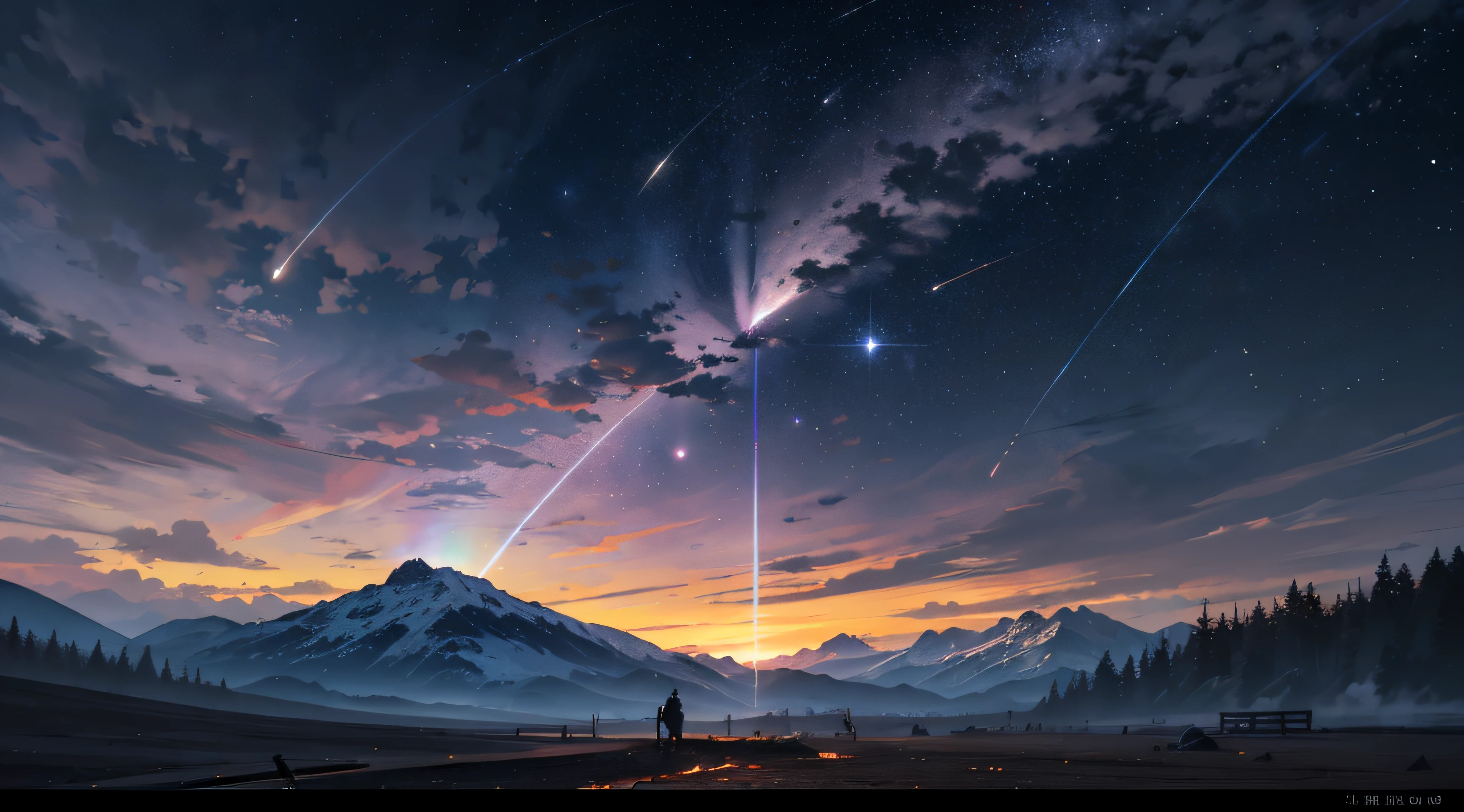 Expansive landscape photograph,(moon full:1.2),(meteors:0.9),(Starcloud:1.3),Far Mountain, Tree BREAK making art,(Warm light source:1.2),(glowworm:1.2),lamp lights,Lots of purple and orange,Complicated details,Volumetriclighting,Realism BREAK(tmasterpiece:1.2),(best qualtiy),4K,Ultra-detailed,(dynamic compositions:1.4),The is very detailed,Colorful details,(Irridescent color:1.2),(luminouslighting,Atmospheric lighting),dream magical,magical,(独奏:1.2),((best qualtiy)), ((tmasterpiece)), (the detail:1.4),depth of fields,maximum definition and sharpness,perfectly proportions,Fluttering clouds,Wallpapers
