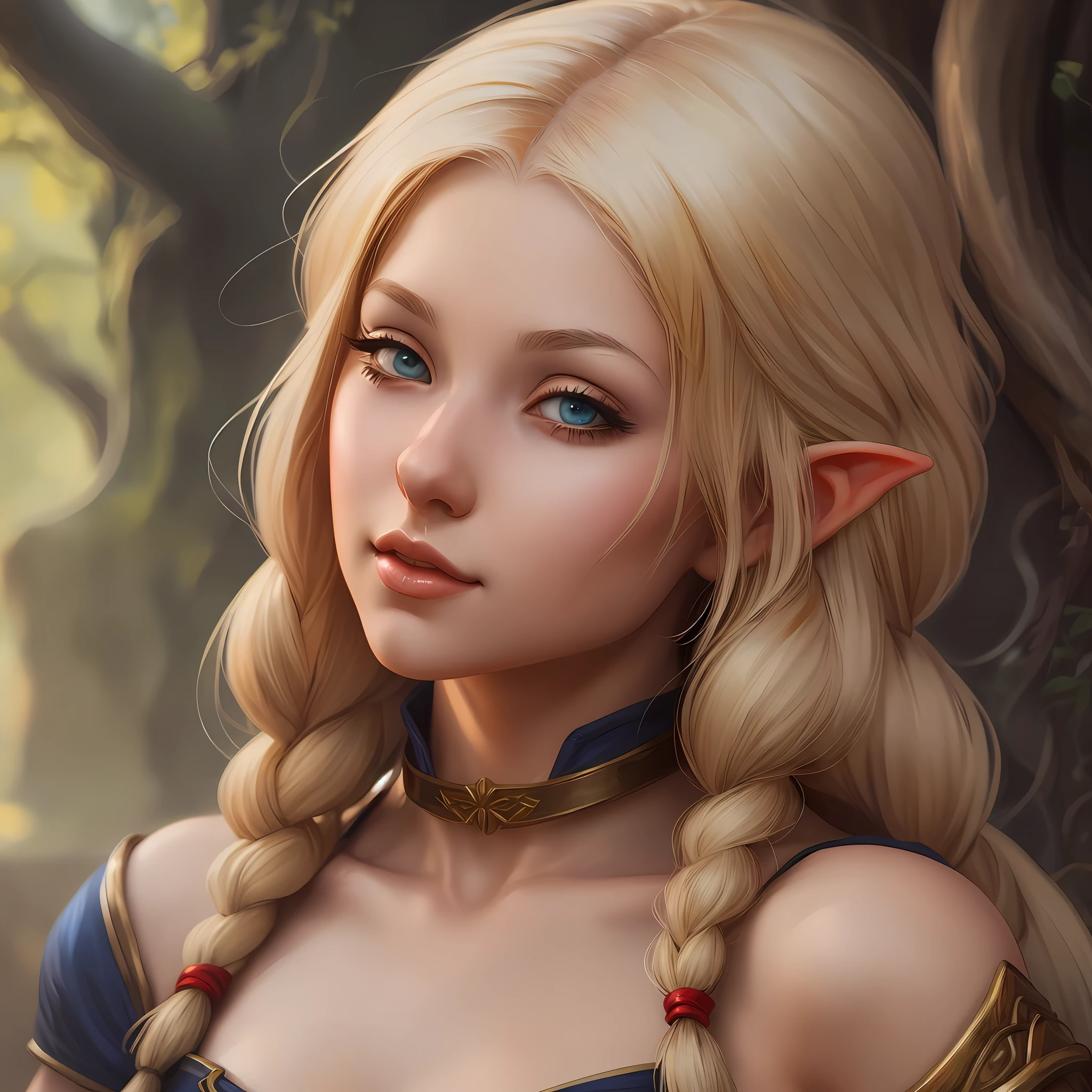 blond elf girl with long braids and elf ears, a character portrait inspired by WLOP, Artstation, fantasy art, elf girl, detailed digital anime art, portrait of very beautiful elf, deviantart artstation cgscosiety, portrait of an elf, fantasy art style, digital fantasy art ), fantasy art portrait, artgerm on artstation pixiv