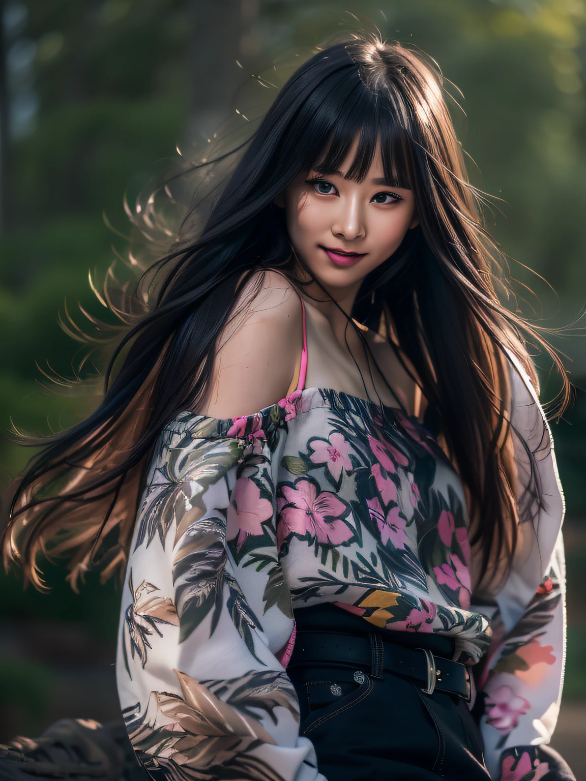 Best quality, masterpiece, ultra high res, raw photo, beautiful and aesthetic,deep shadow, dark theme,(photorealistic:1.4),
(1girl, long hair, laughing, (wind blowing hair, black hair with bangs), print shirt, small face, off shoulders), slim body, fit, cowboyshot, fashi-girl, outdoors,