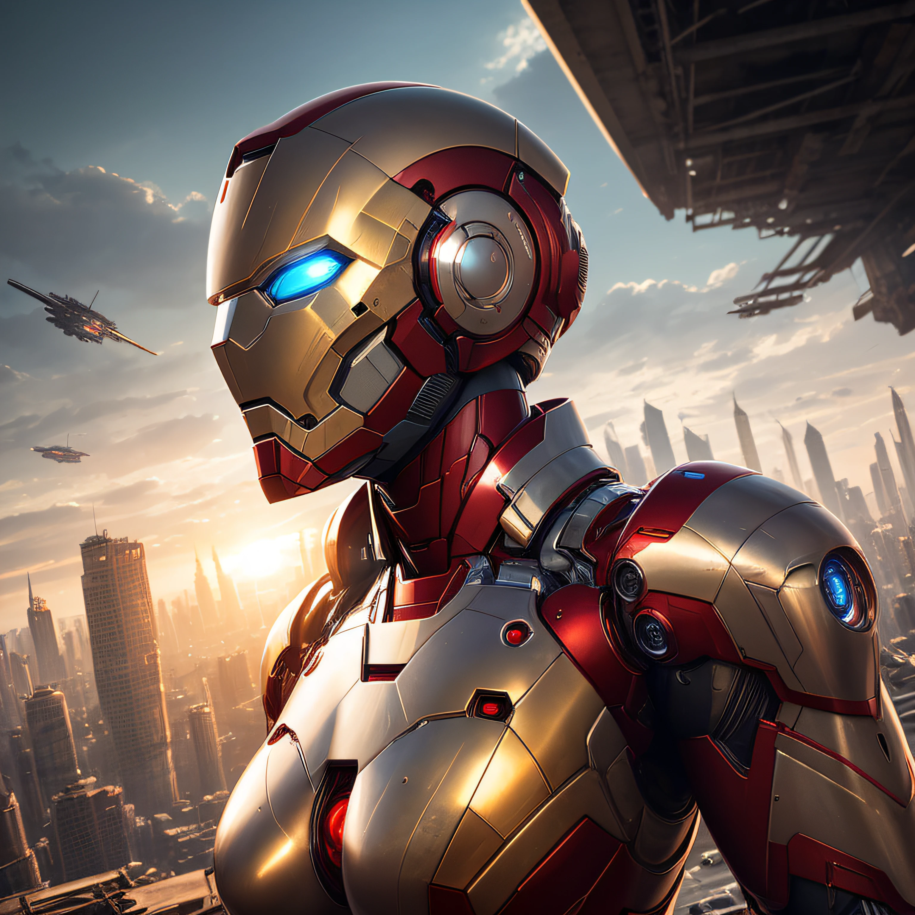 RAW, Masterpiece, Ultra Fine Photo,, Best Quality, Ultra High Resolution, Photorealistic, Sunlight, Full Body Portrait, Stunningly Beautiful,, Dynamic Poses, Delicate Face, Vibrant Eyes, (Side View) , she is wearing a futuristic Iron Man mech, red and gold color scheme, highly detailed abandoned warehouse background, detailed face, detailed and complex busy background, messy, gorgeous, milky white, high detailed skin, realistic skin details, visible pores , sharp focus, volumetric fog, 8k uhd, dslr camera, high quality, film grain, fair skin, photorealism, lomography, sprawling metropolis in futuristic dystopia, view from below, translucent --auto