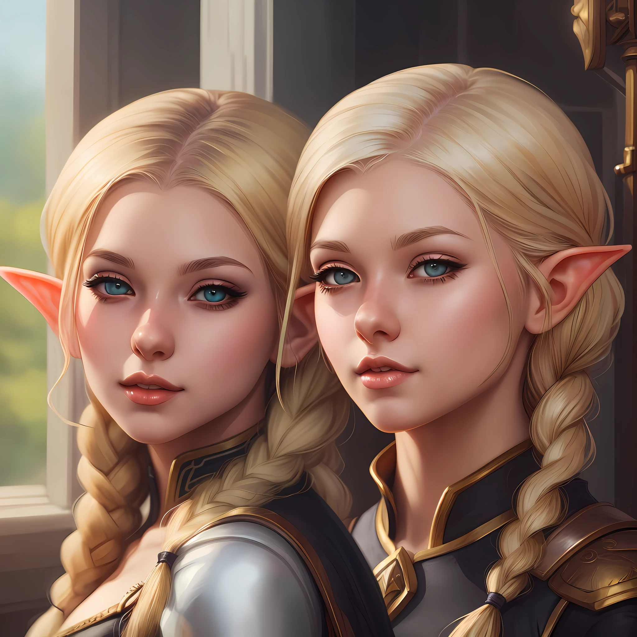 blond elf girl with long braids and elf ears, a character portrait inspired by WLOP, Artstation, fantasy art, elf girl, detailed digital anime art, portrait of very beautiful elf, deviantart artstation cgscosiety, portrait of an elf, fantasy art style, digital fantasy art ), fantasy art portrait, artgerm on artstation pixiv