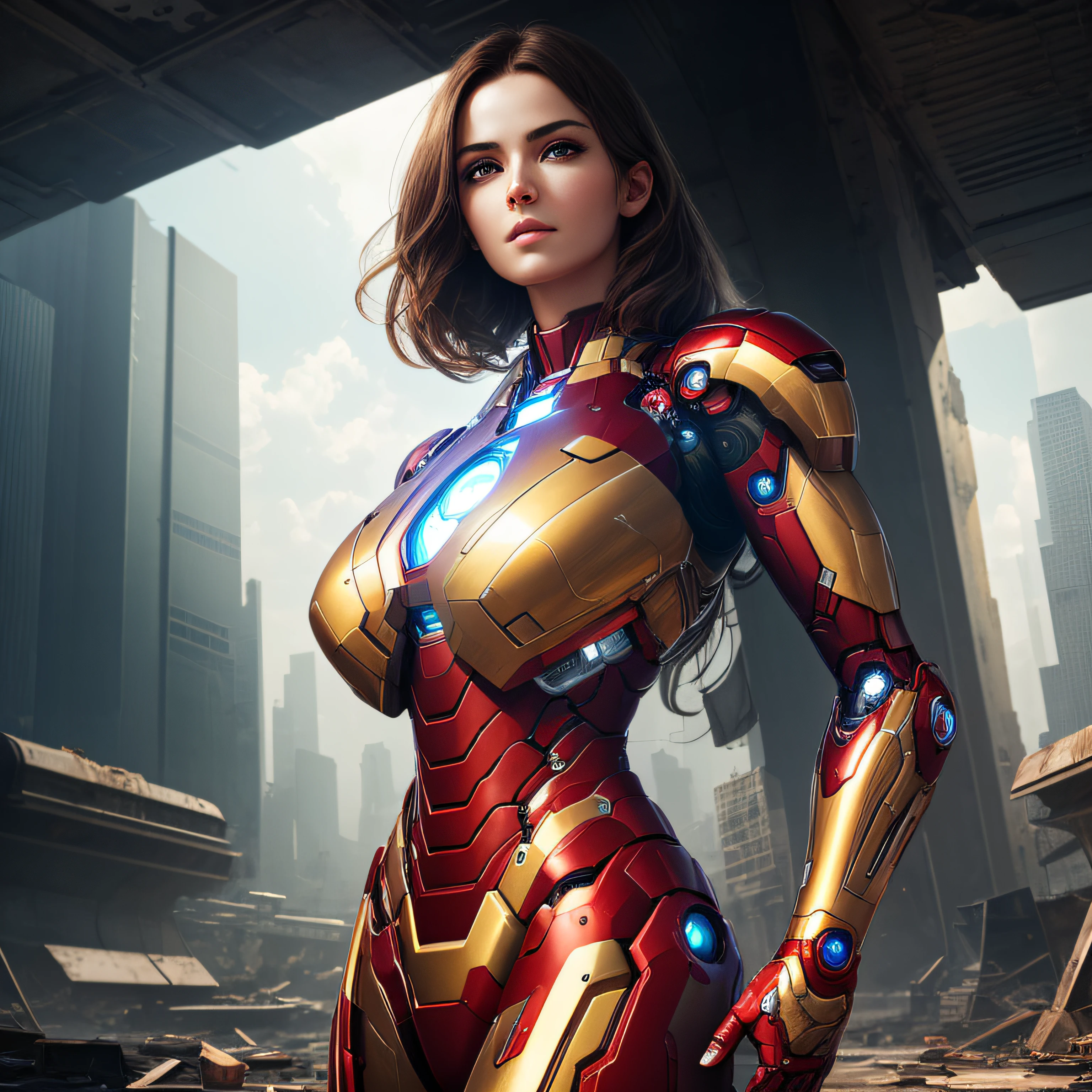 RAW, Masterpiece, Ultra Fine Photo,, Best Quality, Ultra High Resolution, Photorealistic, Sunlight, Full Body Portrait, Stunningly Beautiful,, Dynamic Poses, Delicate Face, Vibrant Eyes, (Side View) , she is wearing a futuristic Iron Man mech, red and gold color scheme, highly detailed abandoned warehouse background, detailed face, detailed and complex busy background, messy, gorgeous, milky white, high detailed skin, realistic skin details, visible pores , sharp focus, volumetric fog, 8k uhd, dslr camera, high quality, film grain, fair skin, photorealism, lomography, sprawling metropolis in futuristic dystopia, view from below, translucent --auto