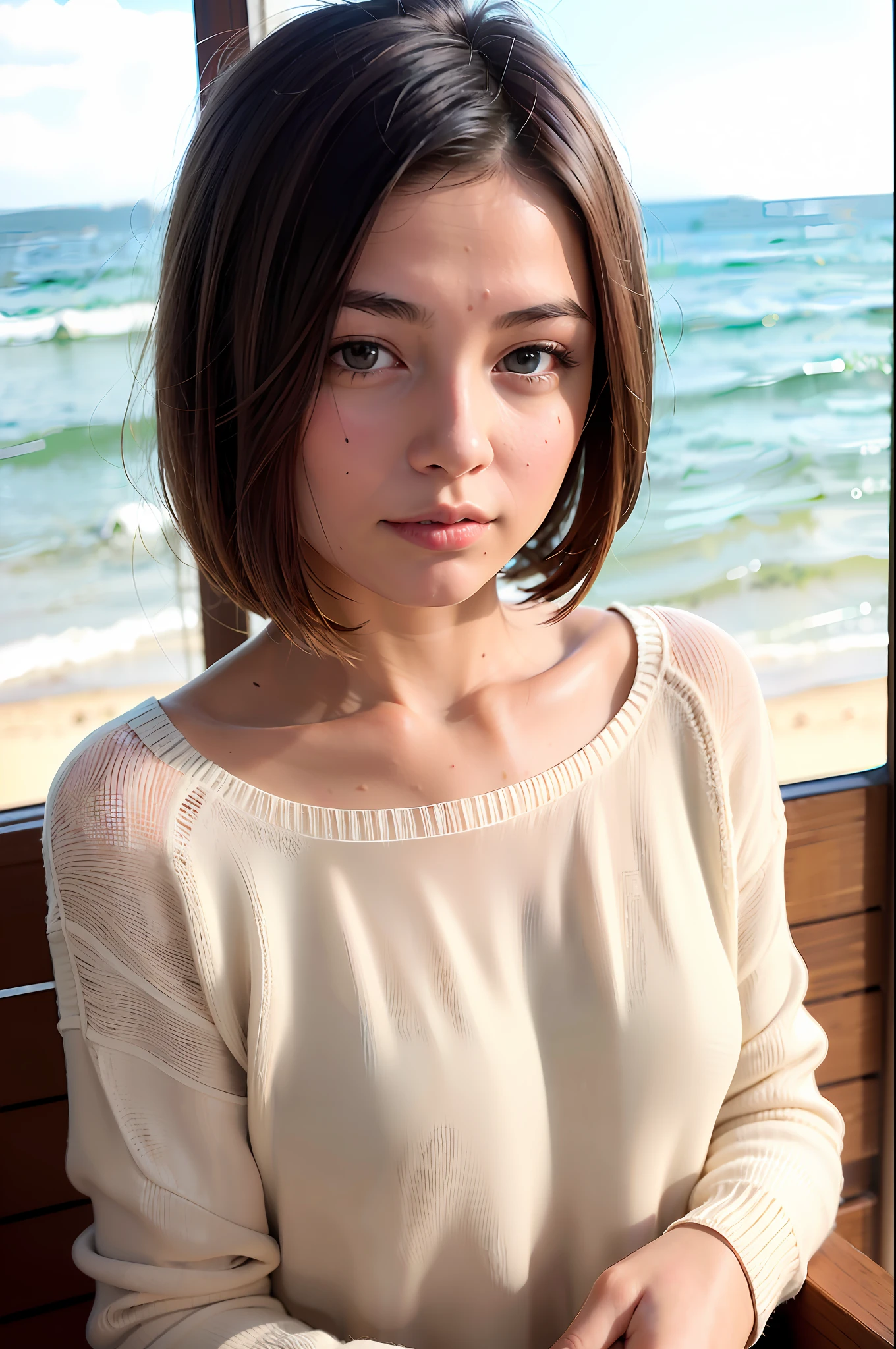 1girl, best quality, realistic, solo, depth of field, natural lighting, daytime, alluring, beautiful face, clean, pure face, pale skin, cute, short hair, beach, sunshine,flat chest, tiny breast, full body, ((sweater,beautfully face)),