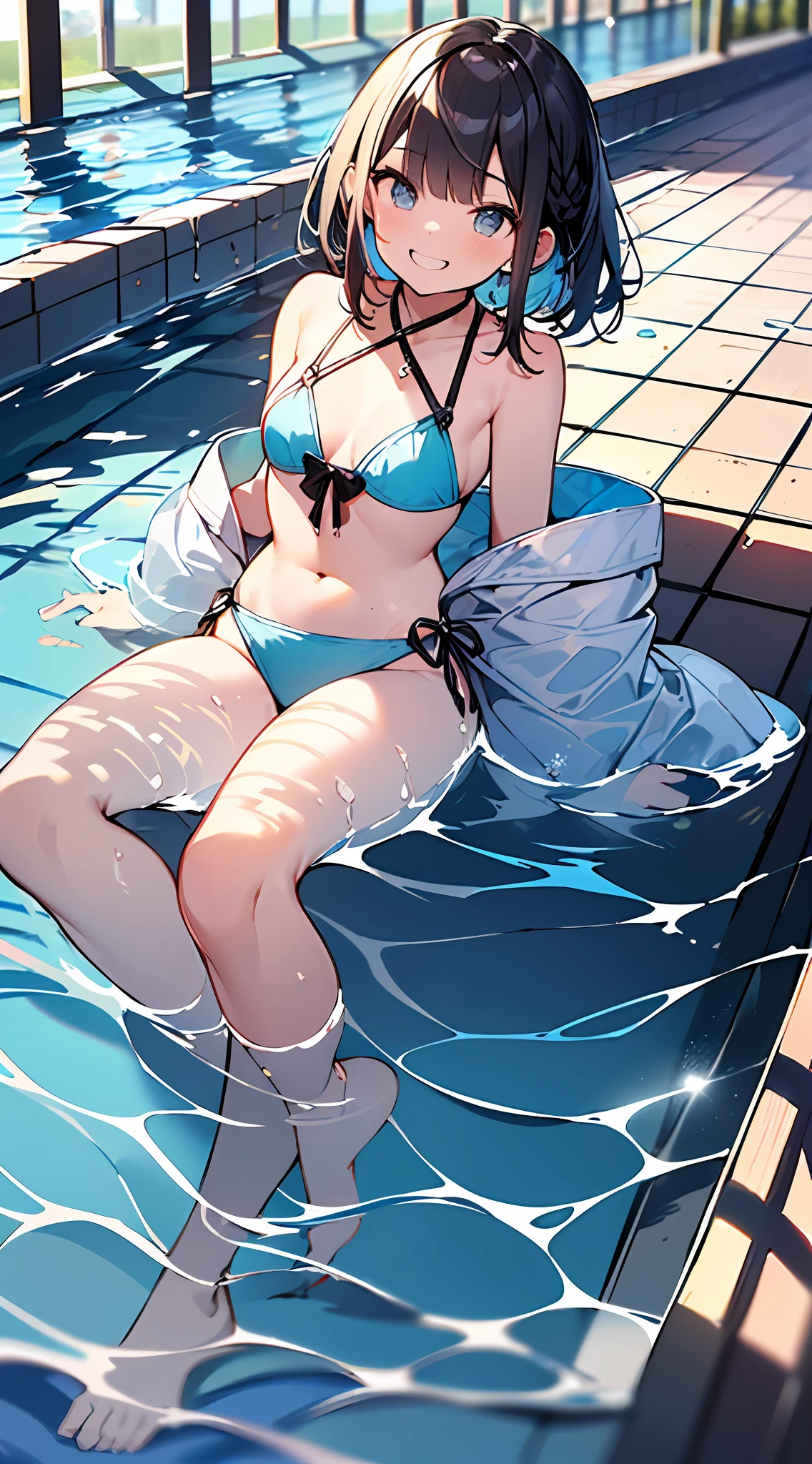 (Incredibly ridiculous absolute resolution:1.5)、hiquality、top-quality、masuter piece、Anime girl in light blue and white bikini, 魅惑的、Anime , 8k Manga Wallpapers, Smile、Shy laughter、((small curvy loliretty anime girl,((swimming pools))、(Medium Shorthair)、(short braided hair)
