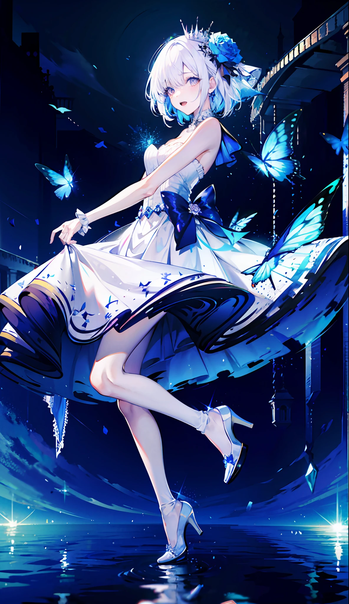 8k wallpaper,detailedbackground,Highest high resolution,silber hair,Bandeau wedding dress,white wedding gown,tight-fitting,Castle background,A princess,rosette,rays of moonlight,butterflys,The water is rippling,Hair covers one eye,White heels
