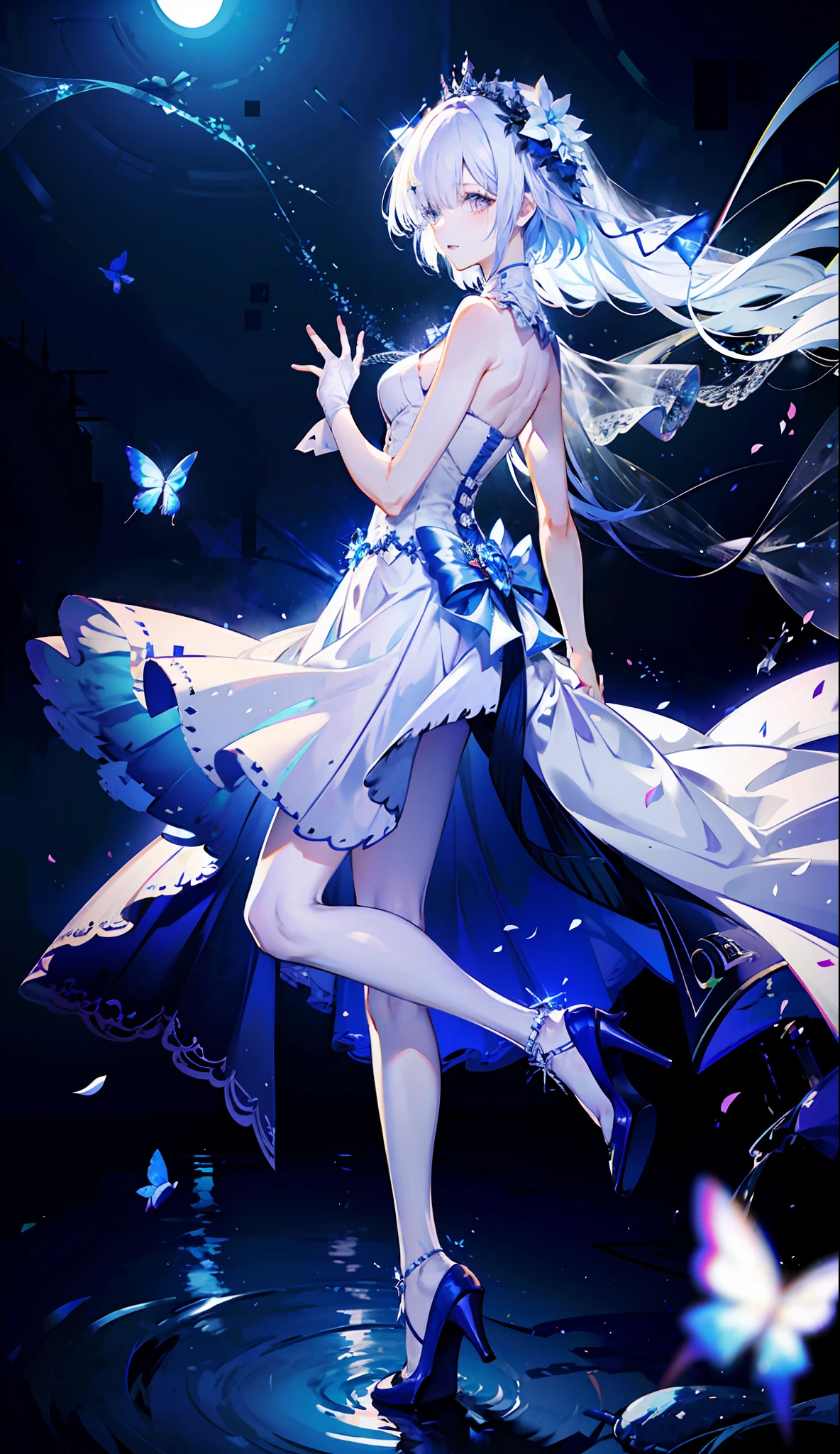 8k wallpaper，detailedbackground，Highest high resolution，silber hair，Bandeau wedding dress，white wedding gown，tight-fitting，Castle background，A princess，rosette，rays of moonlight，butterflys，The water is rippling，Hair covers one eye，White heels
