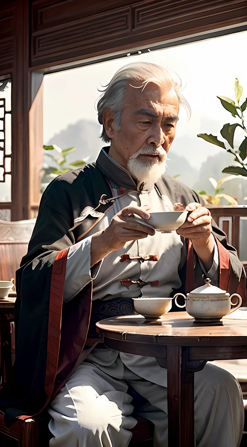 There was an old man sitting at the table，Carrying a bowl of food, Inspired by Cao Zhibai, Inspired by Fenghua Zhong, inspired by Dong Yuan, inspired by Cao Buxing, Inspired by Feng Zhu, Guviz-style artwork, inspired by Chen Hong, inspired by Zhao Mengfu, Beautiful character painting, inspired by Xu Wei