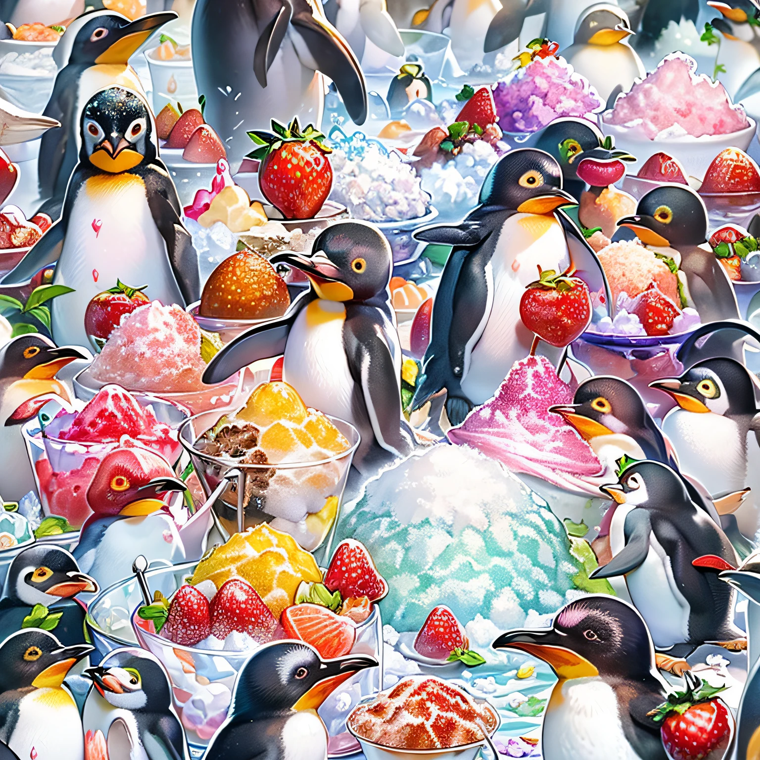 (masterpiece、top-quality、top-quality、ighly detailed、colourfull、highestdetailed 、(ultra-detailliert)、(Highly detailed CG illustrations)、extremely delicate and beautiful、ciinematic light、(A flock of penguins jumping into a giant shaved ice)、Strawberry syrup