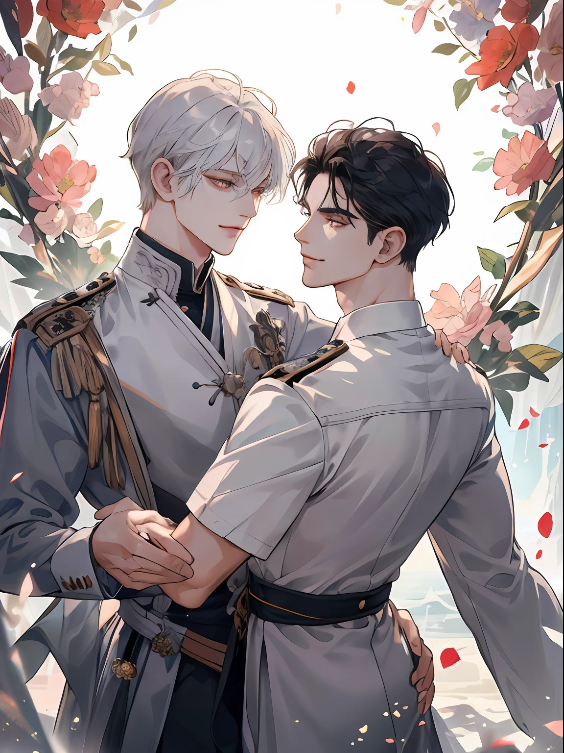 (extremely delicate and beautiful:1.2), in 8K, (masterpiece, best:1.2), (Two men:1.3), full bodyesbian, beautiful man, Old man with a scar in one eye, 校服, Knights, royalty, wang, intricate detailes, finely eye and detailed face, Perfect eyes, Equal eyes, (A male god), florals, a smile