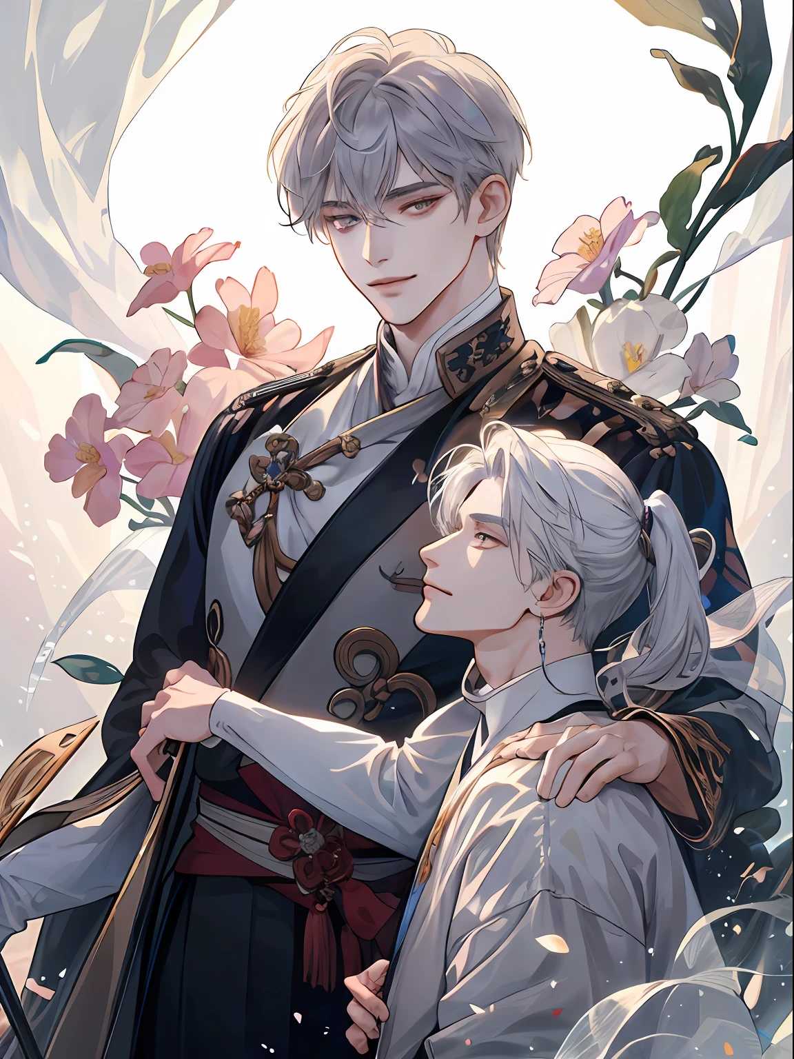 (extremely delicate and beautiful:1.2), in 8K, (​masterpiece, best:1.2), (Two men:1.3), full bodyesbian, beautiful man, Old man with a scar in one eye, 校服, Knights, royalty, wang, intricate detailes, finely eye and detailed face, Perfect eyes, Equal eyes, (A male god), florals, a smile