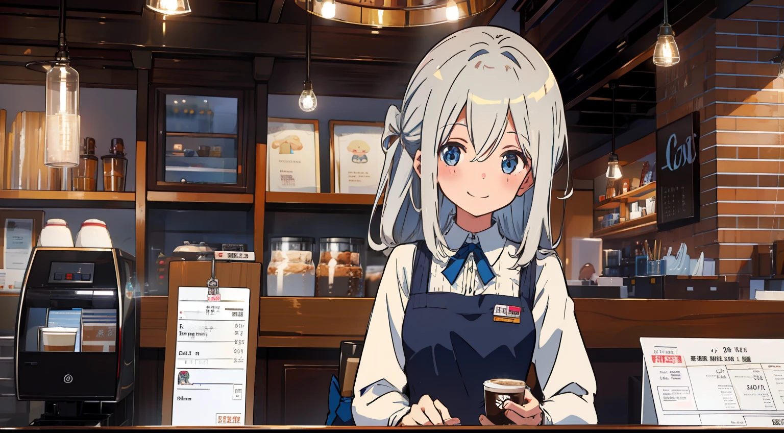 One girl、cafes、Cafe clerk costume、masterpiece、Top image quality、top-quality、cute little、silber hair、Long、blue eyess、cash register、accounting、smile、a smile