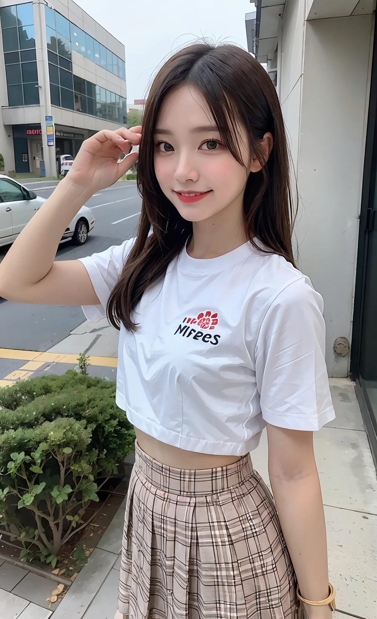((top-quality、in 8K、masterpies:1.3))、1girl in、Beautiful woman with slim abs accent:1.3、Super Detail Face、Delicat eyes、二重まぶた、full body Esbian、poneyTail、20yr old、be shy、Brown hair、Street、erotick、エロ、Inviting gaze、summer clothing、skirt by the、A smile