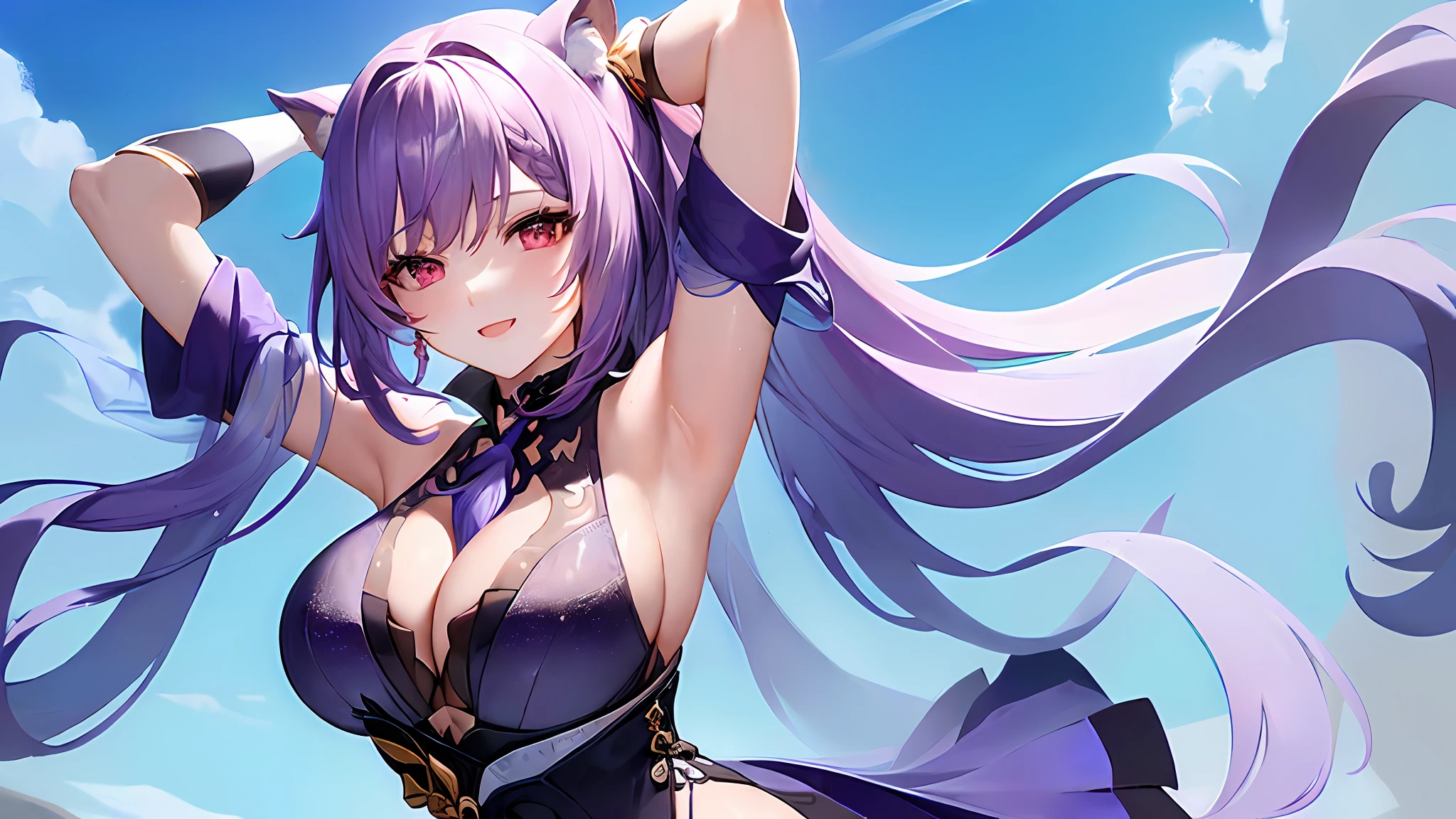 Guest Secretary(Genshin Impact),独奏,the detail,see-through transparent clothes,Masterpiece,Purple hair big breasts,long whitr hair,dual horsetail,beauty breast、cropped shoulders、purpleeyes、cropped shoulders,the detail,arms behind head, Arms up, bangs, Bikini, Blue sky, cleavage,((((Wet and transparent white bra)))((((Wet and transparent white T-line pants))),seductiv, Smile,Open-mouthed