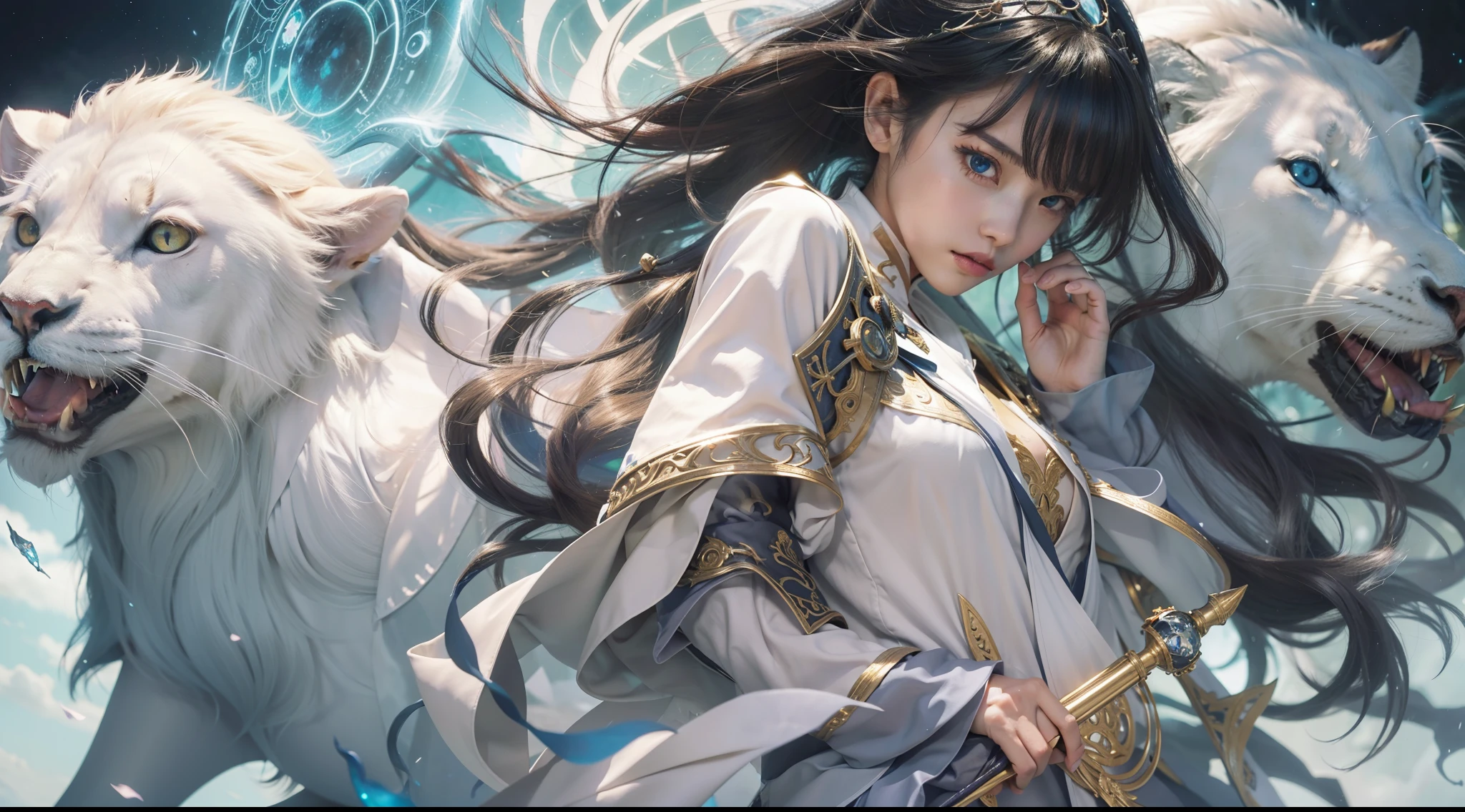 Crystal Castle Sealed in a Book of Magic,Blood,Night, Dark, (Fantasy),infinite,deep blue sky,The abyss of knowledge,Cowledge,((masutepiece)), (((Best Quality))),((Beautiful fine eyes)),(Eye lashes)、Beautiful girl riding a huge white lion with armor、(1人)、Perfect human body structure、Black hair fluttering in the wind、The long-haired、abyss eyes、glowy skin、oils、small tits、Wizard robes、tattered cloth、Realistic coat、Tee、Super delicate CG Unity 32k wallpaper、​masterpiece, ((ultra-detailliert)), ((illustratio)),colourfull,wall-paper,The energy,Unknown terror,Incomprehensible,Around the magic,Magical surroundings,magic wands,Boken,Flying pages,Know everything,Predict the future、Get to know the past、Infinite wisdom、blue flames、Warlock、magic circles、Pentagram、Spells、mantra、Singing magic