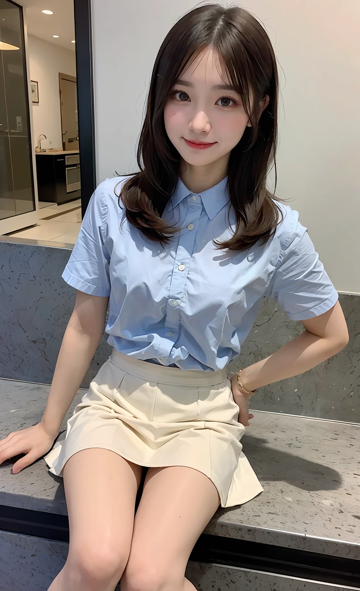 ((top-quality、in 8K、masterpies:1.3))、1girl in、Beautiful woman with slim abs accent:1.3、Super Detail Face、Delicat eyes、二重まぶた、full body Esbian、poneyTail、20yr old、be shy、Brown hair、Street、erotick、エロ、Inviting gaze、summer clothing、skirt by the、A smile