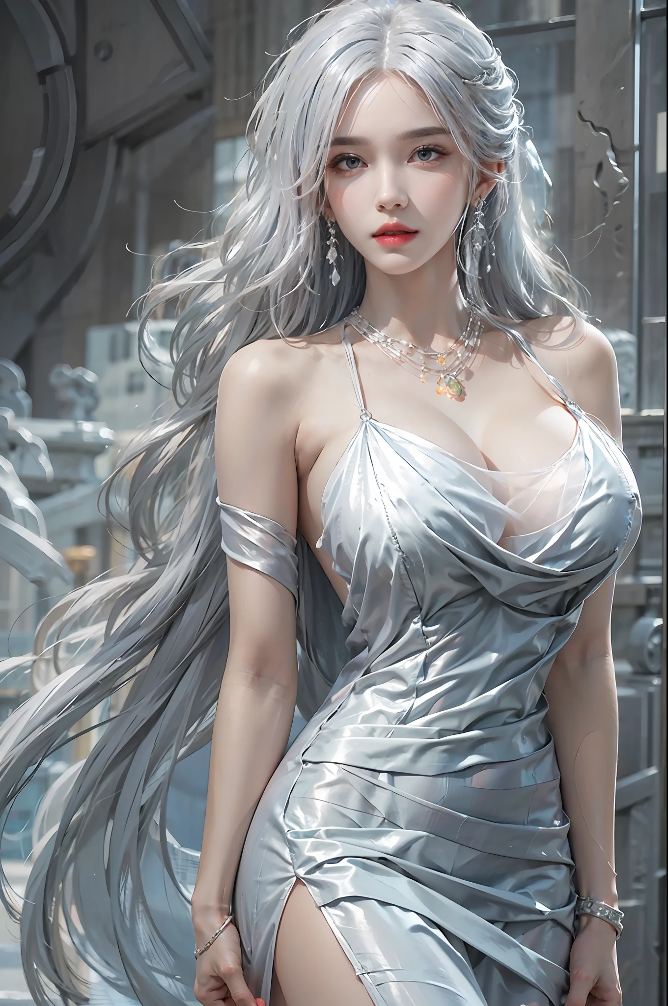 photorealistic, high resolution, 1 woman, solo, hips up, beautiful eyes, white hair, long hair, huge breast, bracelets,elegant necklace, elegant diamond earrings, stlouis, blue dress, revealing clothes