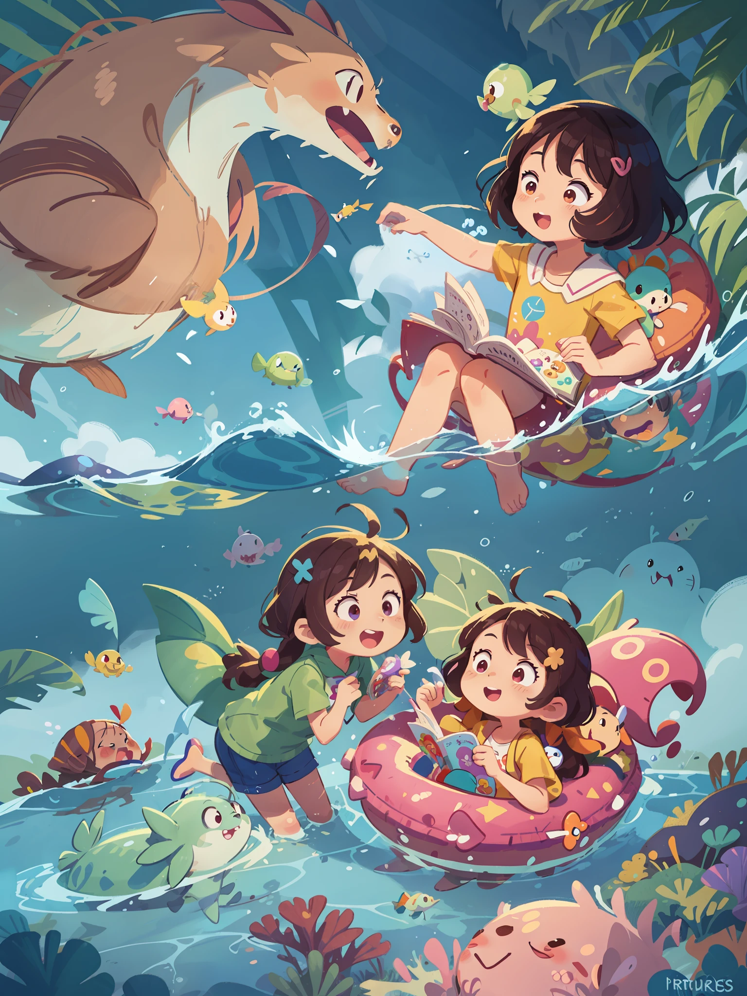 cartoon illustration of a group of Pokemons swimming in the ocean, colorful kids book illustration, colorful illustration, summer swimming party, game illustration, cute illustration, childrens art in artstation, 2. 5 d illustration, kids book illustration, animation illustrative style, in the sea, 2 d illustration, 2d illustration, a beautiful artwork illustration, colorfull illustration