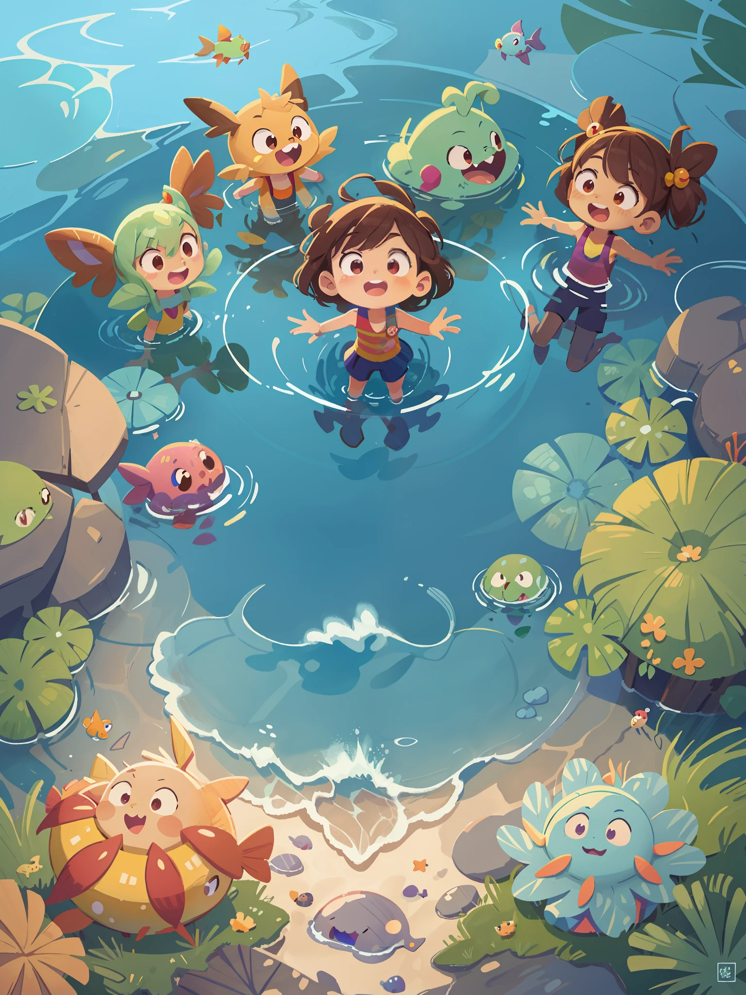 cartoon illustration of a group of Pokemons swimming in the ocean, colorful kids book illustration, colorful illustration, summer swimming party, game illustration, cute illustration, childrens art in artstation, 2. 5 d illustration, kids book illustration, animation illustrative style, in the sea, 2 d illustration, 2d illustration, a beautiful artwork illustration, colorfull illustration