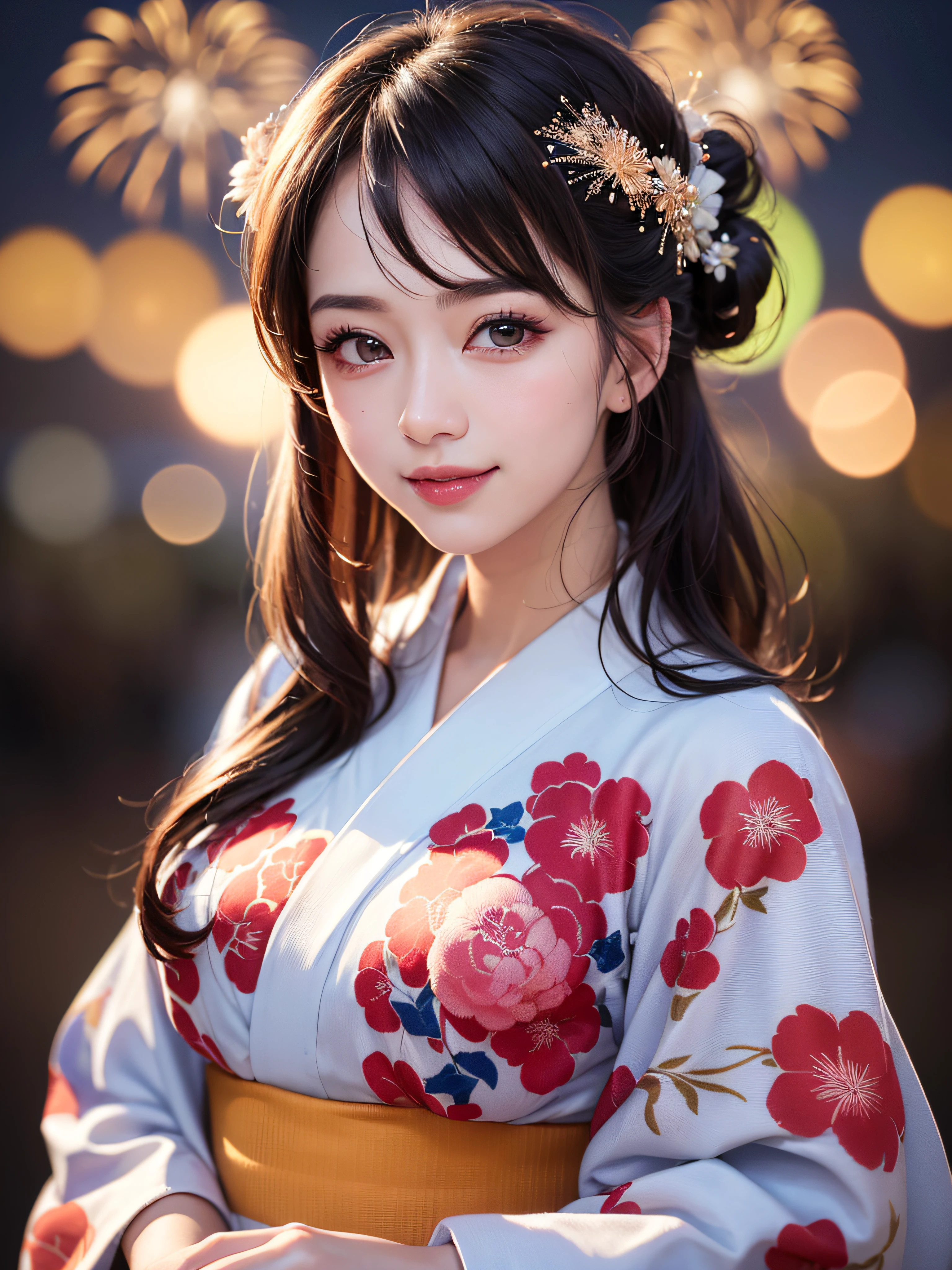 (realistic, photo-realistic:1.37), (masterpiece:1.2), (best quality:1.4), (ultra high res:1.2),(RAW photo:1.2), (sharp focus:1.3), (face focus:1.2), vibrant details, hyperrealistic, (full body:1.37), (1girl wearing detailed yukata:1.5), (23yo:1.1), (happy smile:1.35), (extremely detailed beautiful face and eyes:1.4), (extremely detailed beautiful hair:1.4),delicate composition,(posing:1.2), (young hands:1.2), medium breast, flower hair ornament,(Updo hair:1.3),( lipgloss, eyelashes, gloss-face, glossy skin, best quality, ultra highres, depth of field, chromatic aberration, caustics, Broad lighting, natural shading,Kpop idol:1.2) looking at viewer with a serene and goddess-like happiness,BREAK, (Beautiful fireworks in the night sky background:1.2),(japanese summer festival:1.1), scenery, bangs, beautiful detailed eyes, makeup, looking at viewer, (cute), (soft lighting), finely detail,