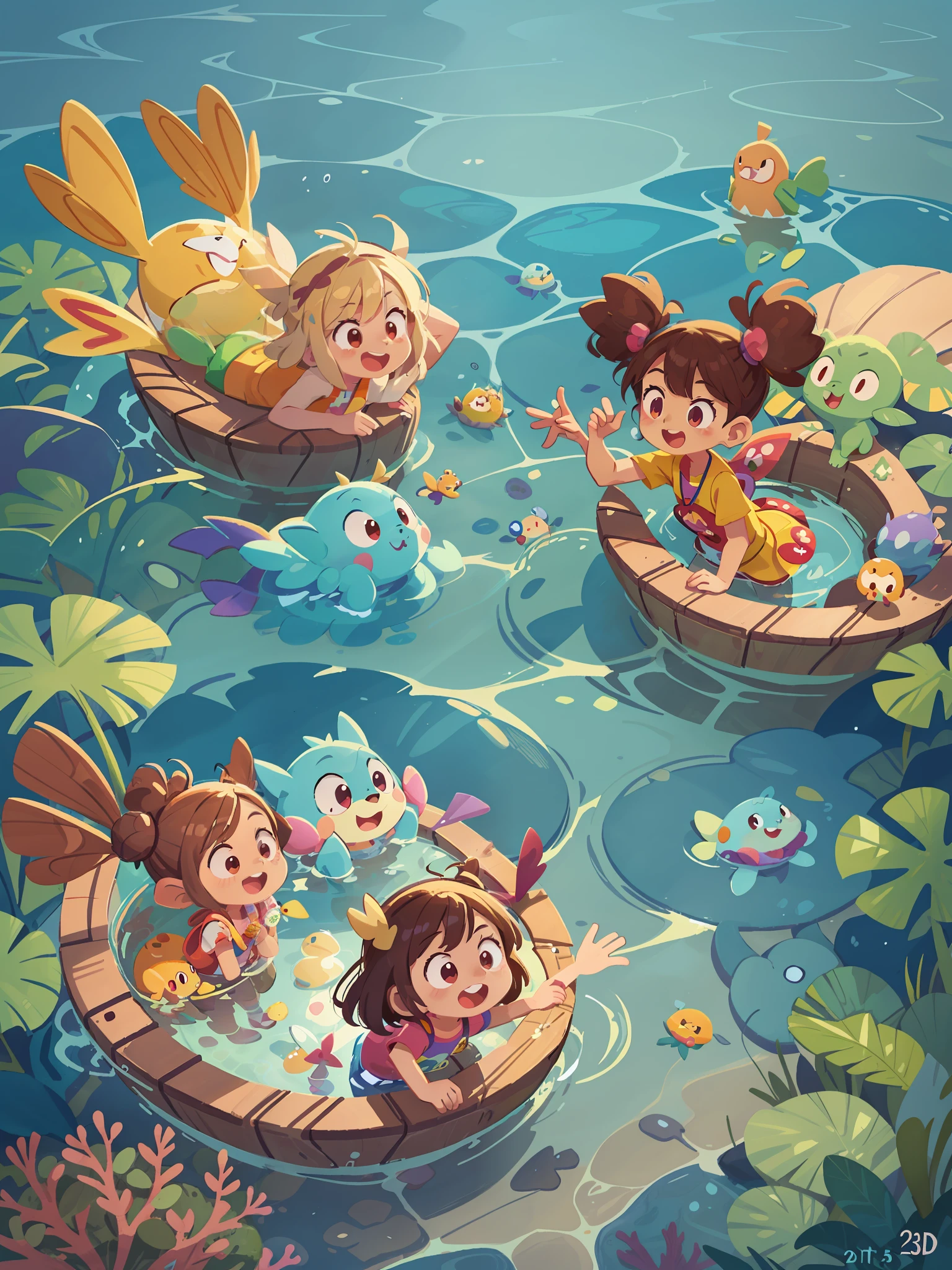 cartoon illustration of a group of Pokemons swimming in the ocean, colorful kids book illustration, colorful illustration, summer swimming party, game illustration, cute illustration, childrens art in artstation, 2. 5 d illustration, kids book illustration, animation illustrative style, in the sea, 2 d illustration, 2d illustration, a beautiful artwork illustration, colorfull illustration