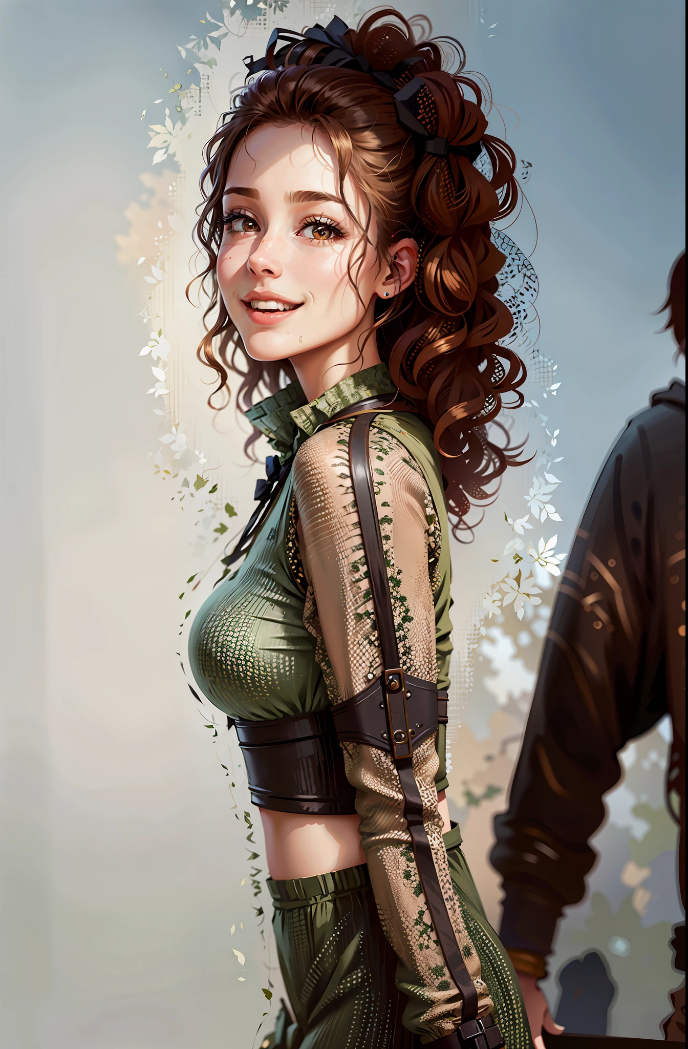 a hyper-realistic portrait of a young woman, smiling, inside a forest, in the middle of nature, 22 years old, realistic, (lying on her side), sexy, (huge breasts 2:1), short brown hair, (hair tied with bows), curved, SFW