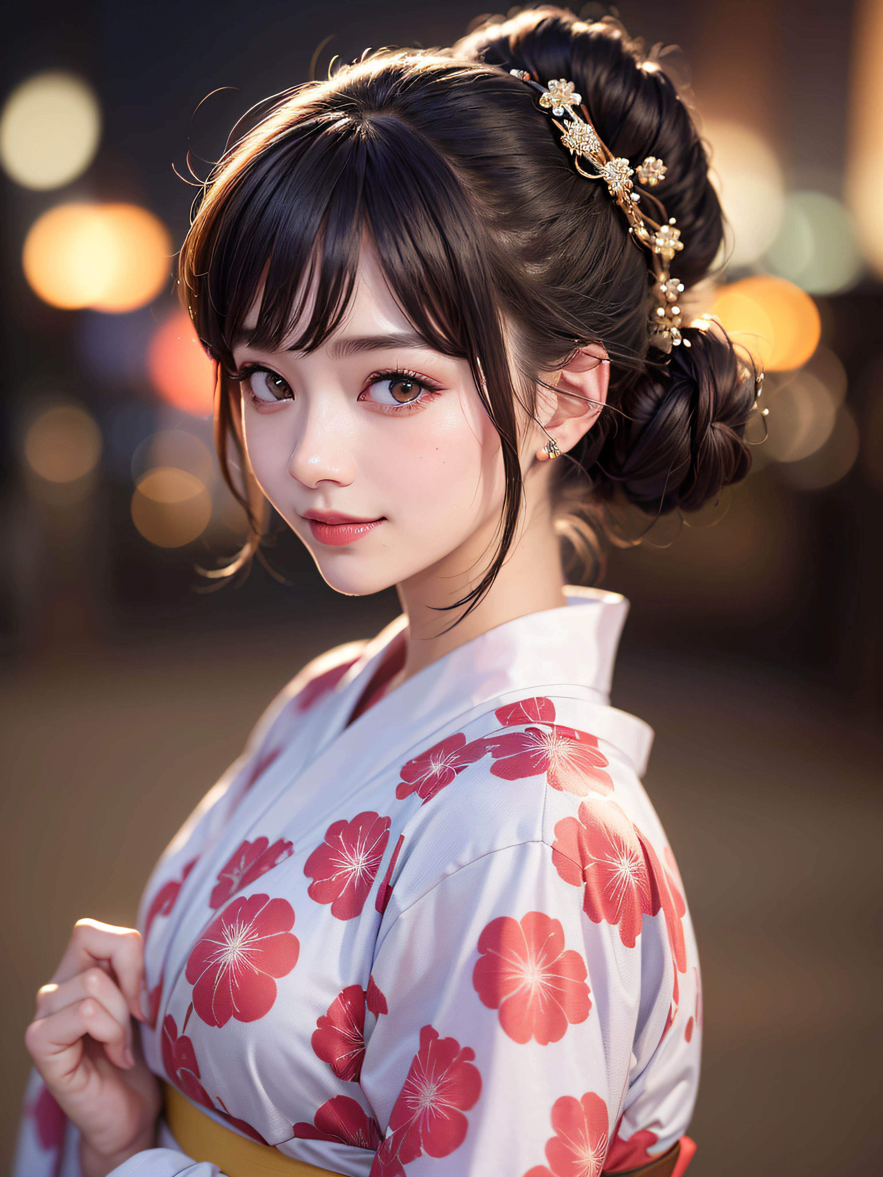 (realistic, photo-realistic:1.37), (masterpiece:1.2), (best quality:1.4), (ultra high res:1.2),(RAW photo:1.2), (sharp focus:1.3), (face focus:1.2), vibrant details, hyperrealistic, (full body:1.37), (1girl wearing detailed yukata:1.5), (23yo:1.1), (happy smile:1.35), (extremely detailed beautiful face and eyes:1.4), (extremely detailed beautiful hair:1.4),delicate composition,(posing:1.2), (young hands:1.2), medium breast, flower hair ornament,(Updo hair:1.3),( lipgloss, eyelashes, gloss-face, glossy skin, best quality, ultra highres, depth of field, chromatic aberration, caustics, Broad lighting, natural shading,Kpop idol:1.2) looking at viewer with a serene and goddess-like happiness,BREAK, (Beautiful fireworks in the night sky background:1.2),(japanese summer festival:1.1), scenery, bangs, beautiful detailed eyes, makeup, looking at viewer, (cute), (soft lighting), finely detail,