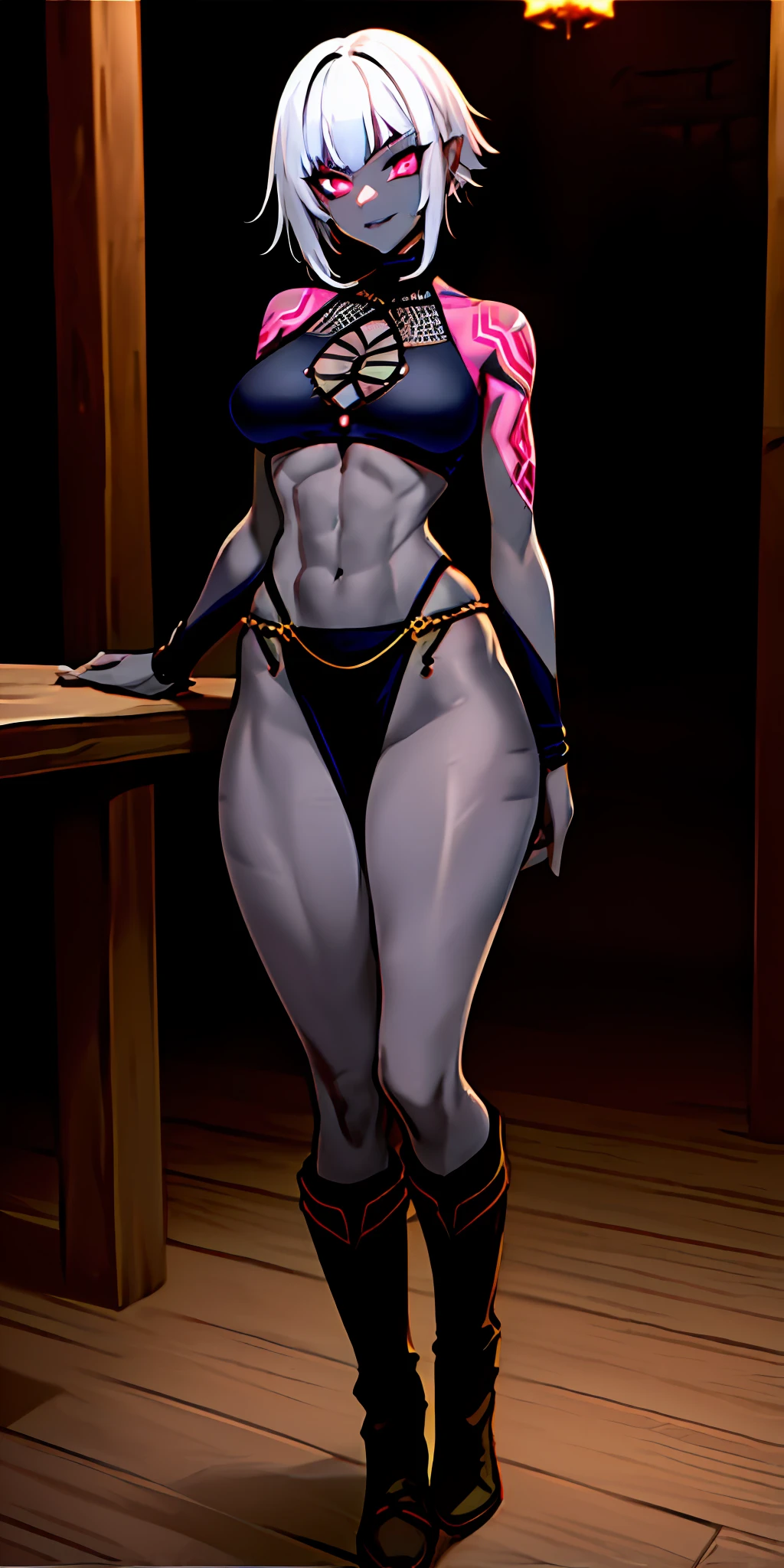 (masterpiece, best quality),1girl,medium hair,shaved hair,grey skin,tribal body tattoos,dark mage,fantasy,muscular, vermilion eyes,sliver hair,crop top,pantyhose,high top boots,indoor,tavern,tall medium breast starting at viewer smirking