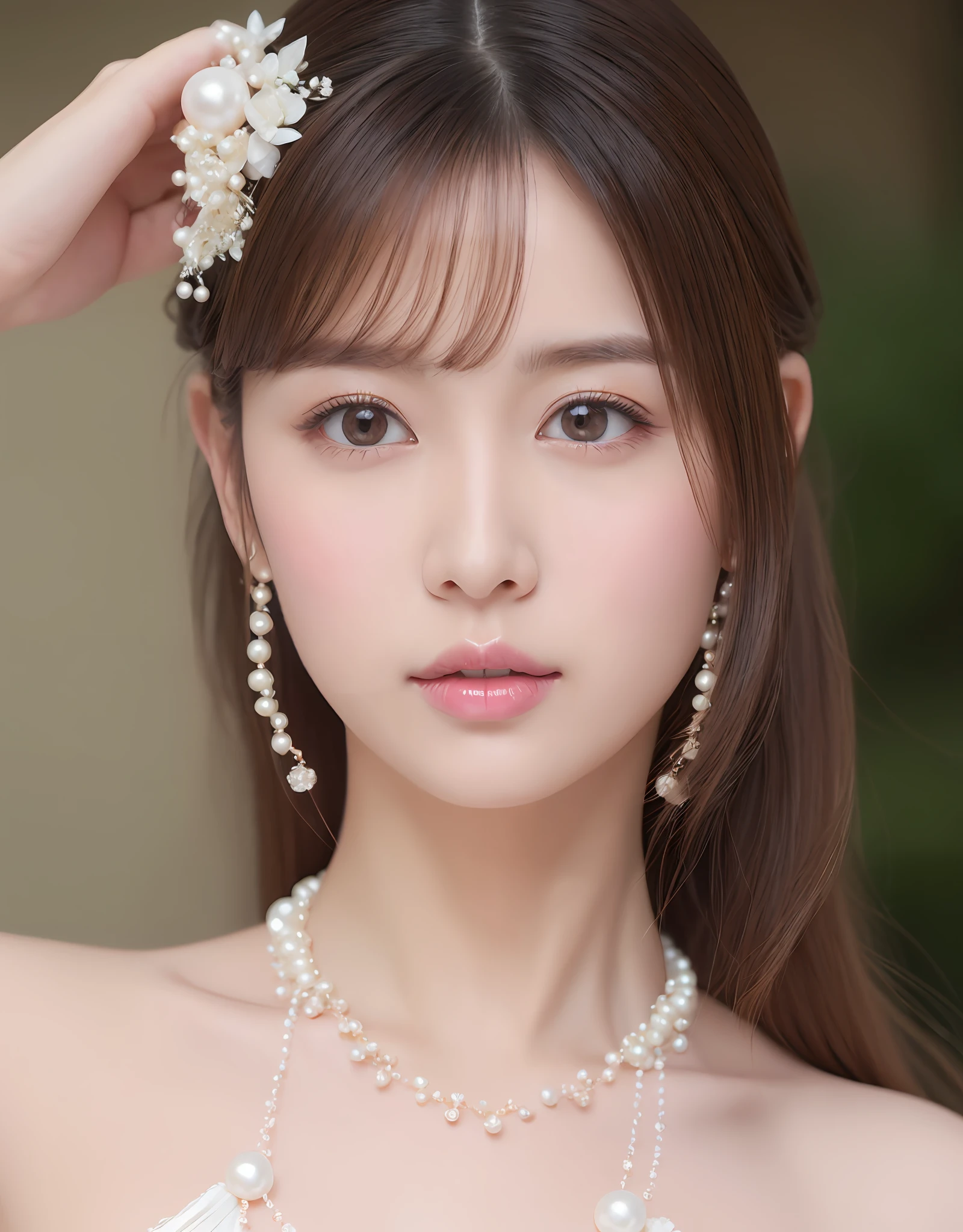 Cute Japanese girl with thick eyelashes, pink glossy lips, Floral hairpins, pearls necklace. (8K, Best quality : 1.2), (Masterpiece, Photorealistic : 1.3), Super detail, Anatomically correct