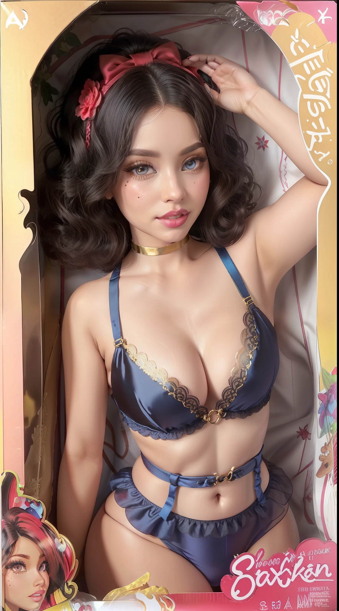 inboxDollPlaySetQuiron style, [african goddess in lace lingerie woman, snow white cosplay, (flawless face), cute face, chubby face, sunburnt ebony skin, detailed (wrinkles, blemishes!, folds!, moles, viens, pores!!, skin imperfections:1.1), (wearing sexy gold lingerie set details:1.25), (Vibrant blue silk wraps around your body, double layered to ensure the softness of blue silk against your skin, with a central panel of glittering metallic red French lace to bring that extra touch of extravagance. Wide silk covered straps are finished with strong red toned clasps and adjusters, adorned with hand cut ribbons, to hold your stockings up firmly without compromising on glamour. Add the matching blue silk full cup bra and either tap gold pants for a complete vintage-inspired look, or skirted gold lace thong, plus the spectacular all-over red lace robe for the complete look.), blue cuban stocking, highly detailed glossy eyes, (looking at the camera), (short afro curly hair), (jade eyes, hair flower, hair ornament), detailed skin pores, oiled skin, tan, intricate eye detail, (big cheeks), natural breasts_d, unbalanced breasts, (cleavage)], gift box, playset, in a box, full body, toy playset pack, in a gift box, premium playset toy box