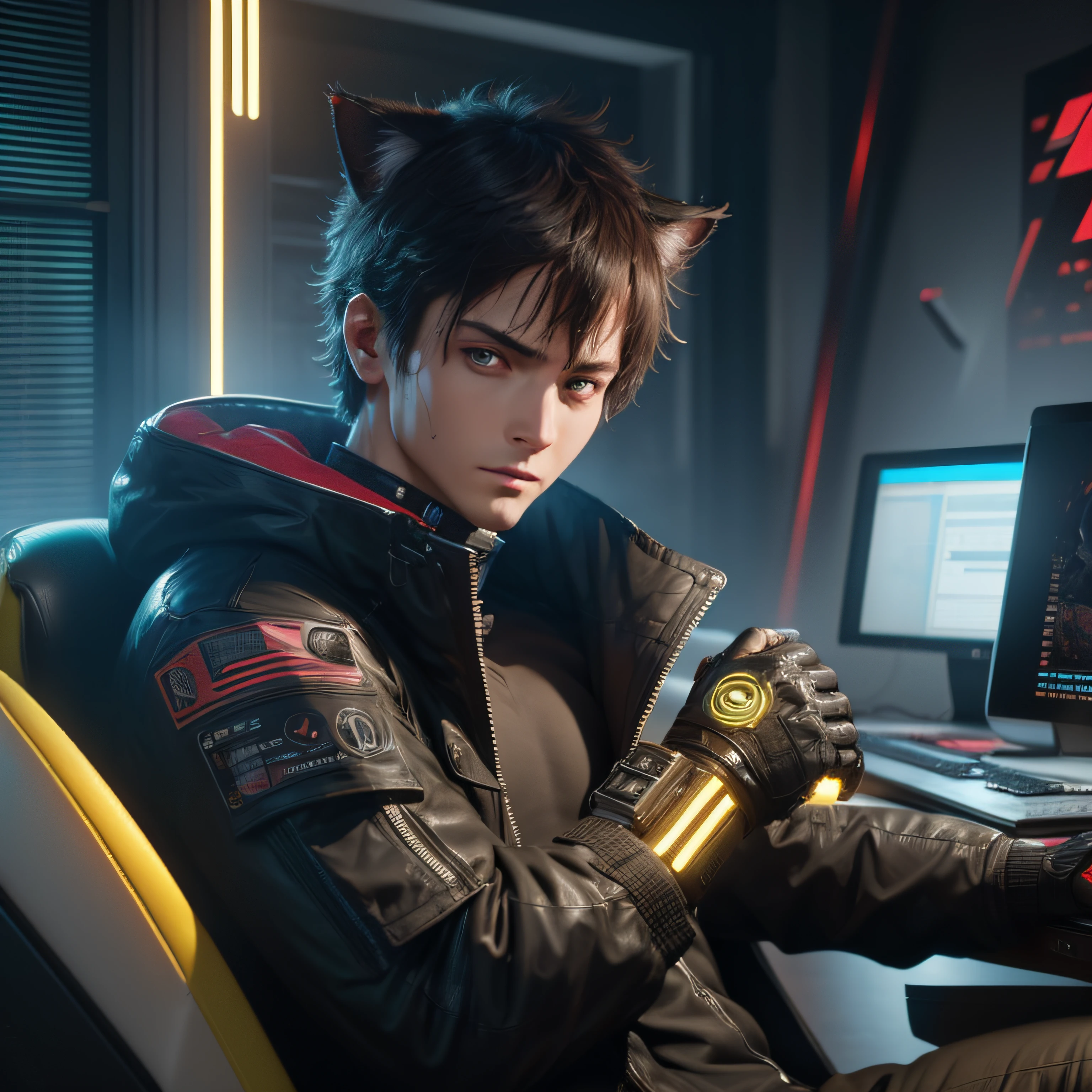 ultra detail, high resolution, ultra detailed, best quality, amazing, top quality, extremely detailed CG unity 8k wallpaper, cinematic lighting, cat fanboy, cyberpunk, dark boy --auto