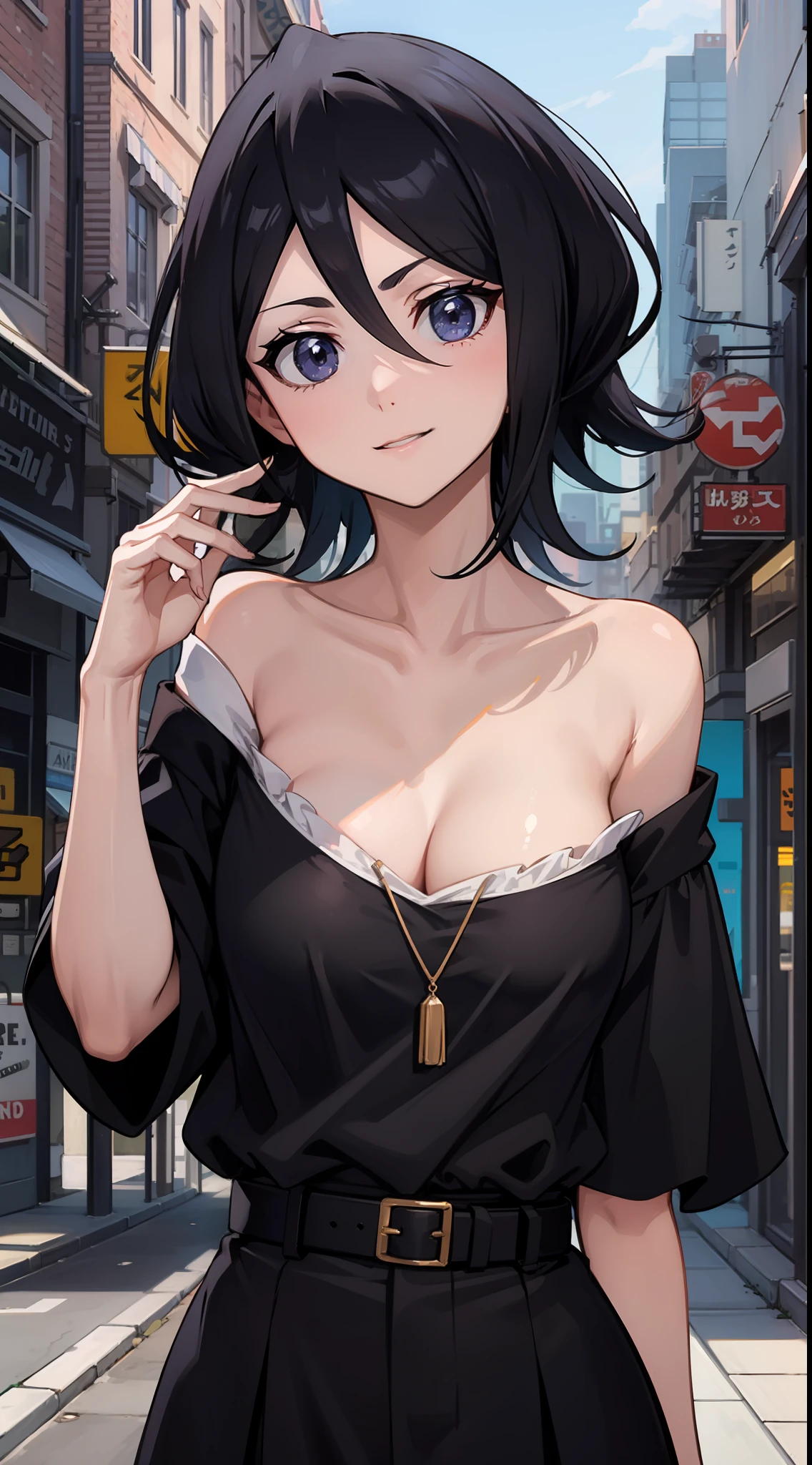 Off-the-shoulder attire，looks into camera，The upper part of the body，Black color hair，ssmile，City streets，little breast，cleavage