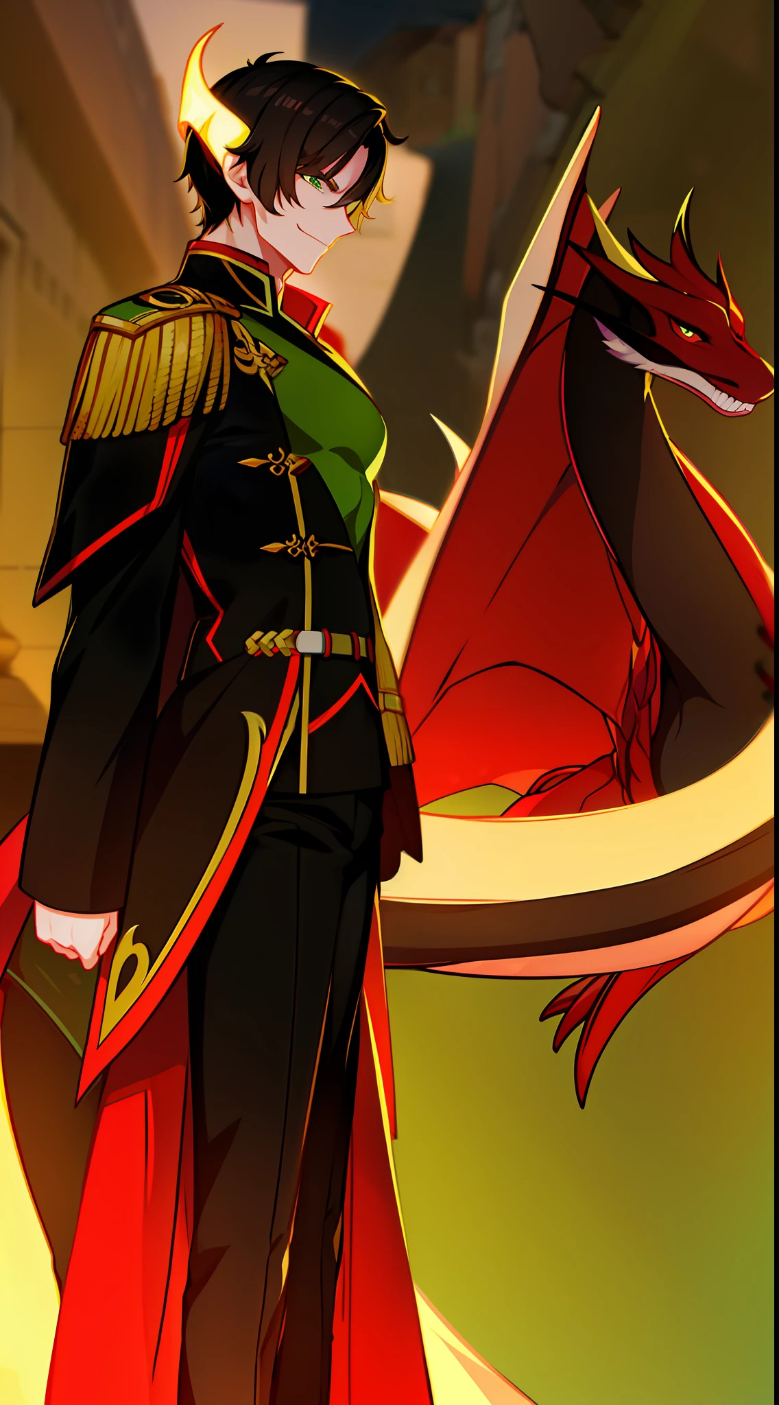 Tall guy, short black hair, Green eyes, Red superhero uniform, dragon, smirk, Masterpiece, hiquality