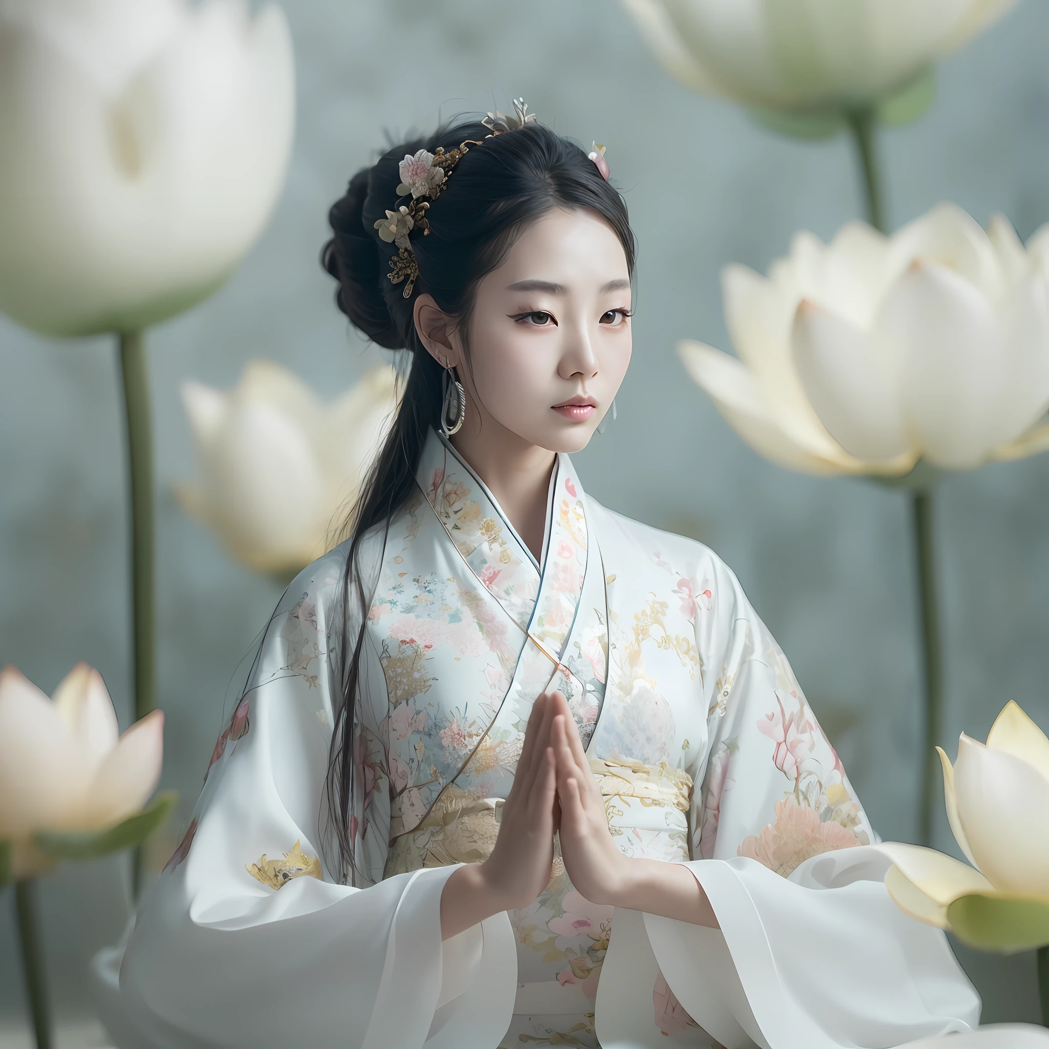 Yoga lotus pose, close - up, (a Chinese lady:1.5) in white minimal hanfu sit on (a big lotus flower), in the style of influenced by ancient chinese art, white, graceful balance,Photorealistic, Award winning works in photography ,minimal style,Realisticstyle,Studio lighting,Front Shooting,