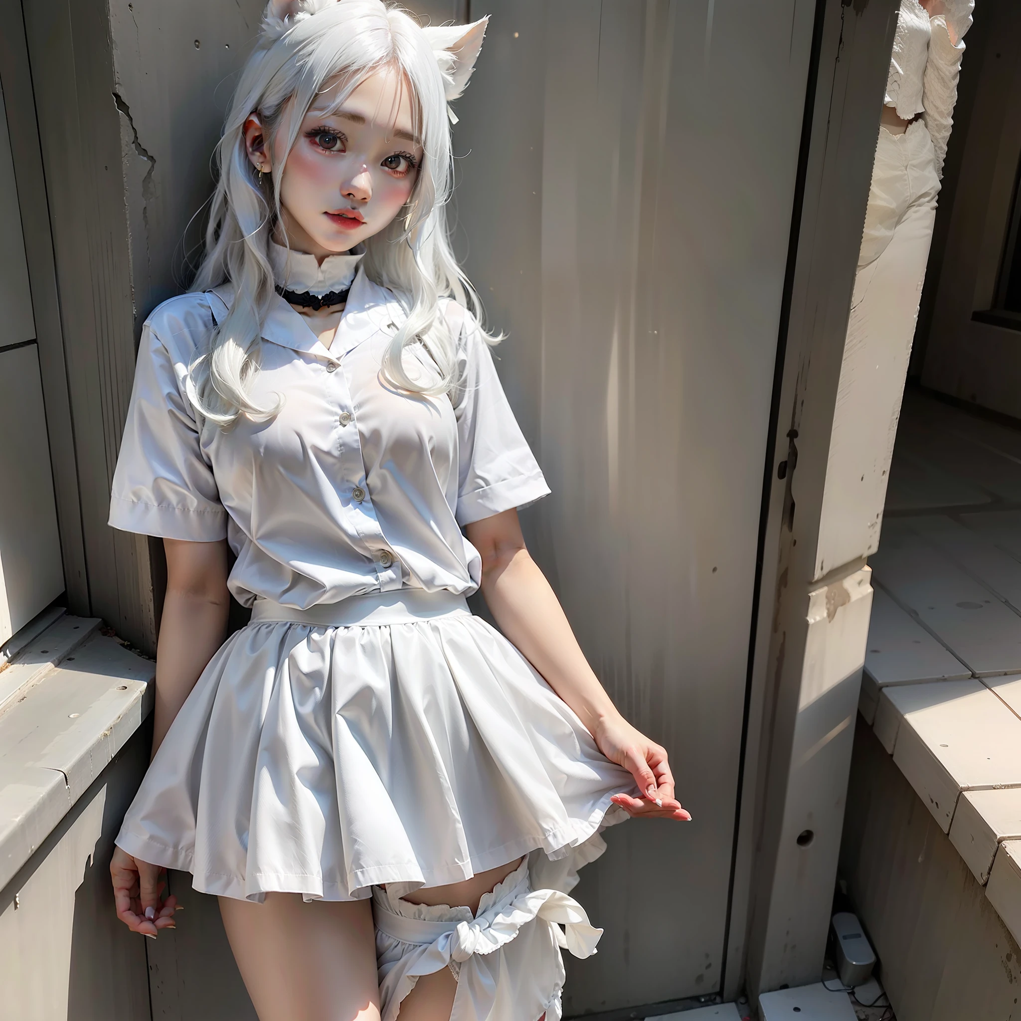 with white hair,wearing a white skirt,