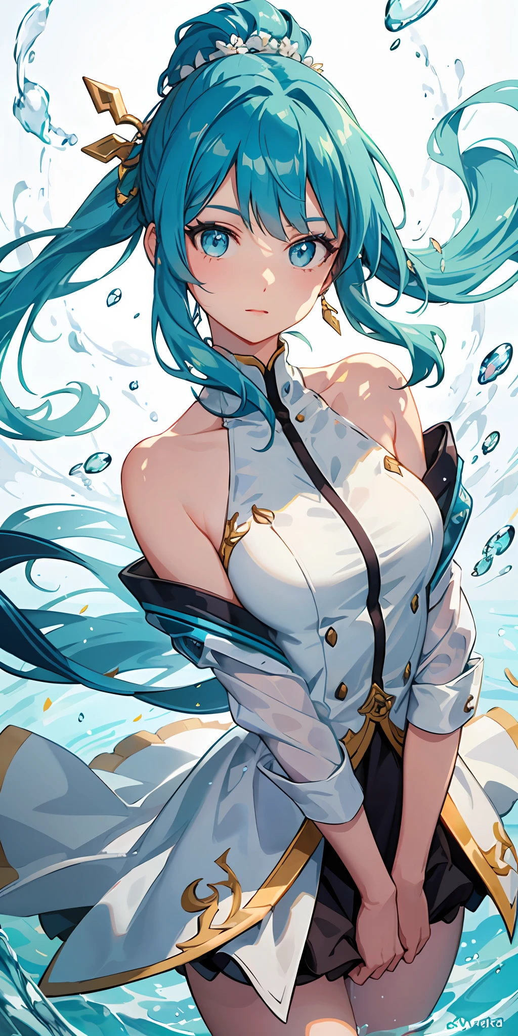 (masterpiece), (best quality), (ultra-detailed), (tousled hair), (illustration), (1girl), (fashionable clothes), standing, fashion model, looking at the viewer, (interview ), (Simple background), Beautiful eyes, Delicate beauty, Floating, (High saturation), (Colorful splashes), Colorful bubbles, (Glowing), Focus on face, Ponytail, Ayaka Kamisato, Light blue hair , bangs, hair ring, floating flower, floating hair, (shining), best lighting, best shadow,