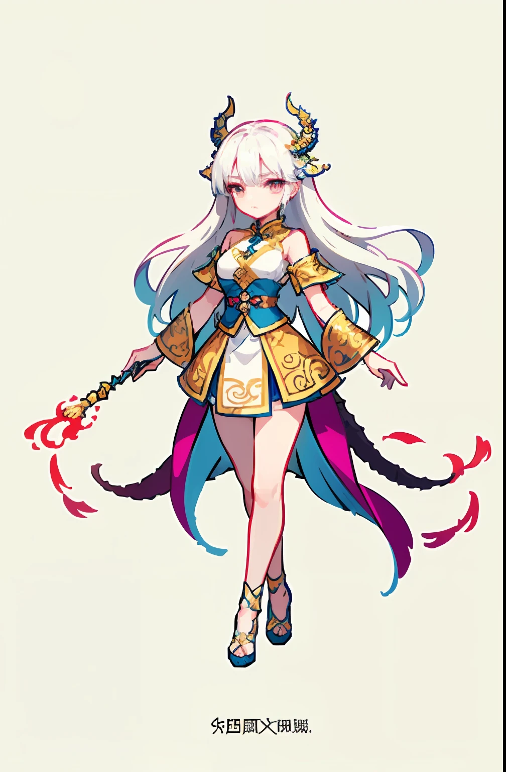 (offcial art：1.5，品质最佳，finedetail)full bodyesbian，Beautiful dragon girl character，Chinese mythology style fantasy world costume，white  skirt，Long, Flowing white hair，refined demeanor，A faint sad expression，Heroic，The body is graceful，beautifullegs，perfect bodies，Elegant and flowing。