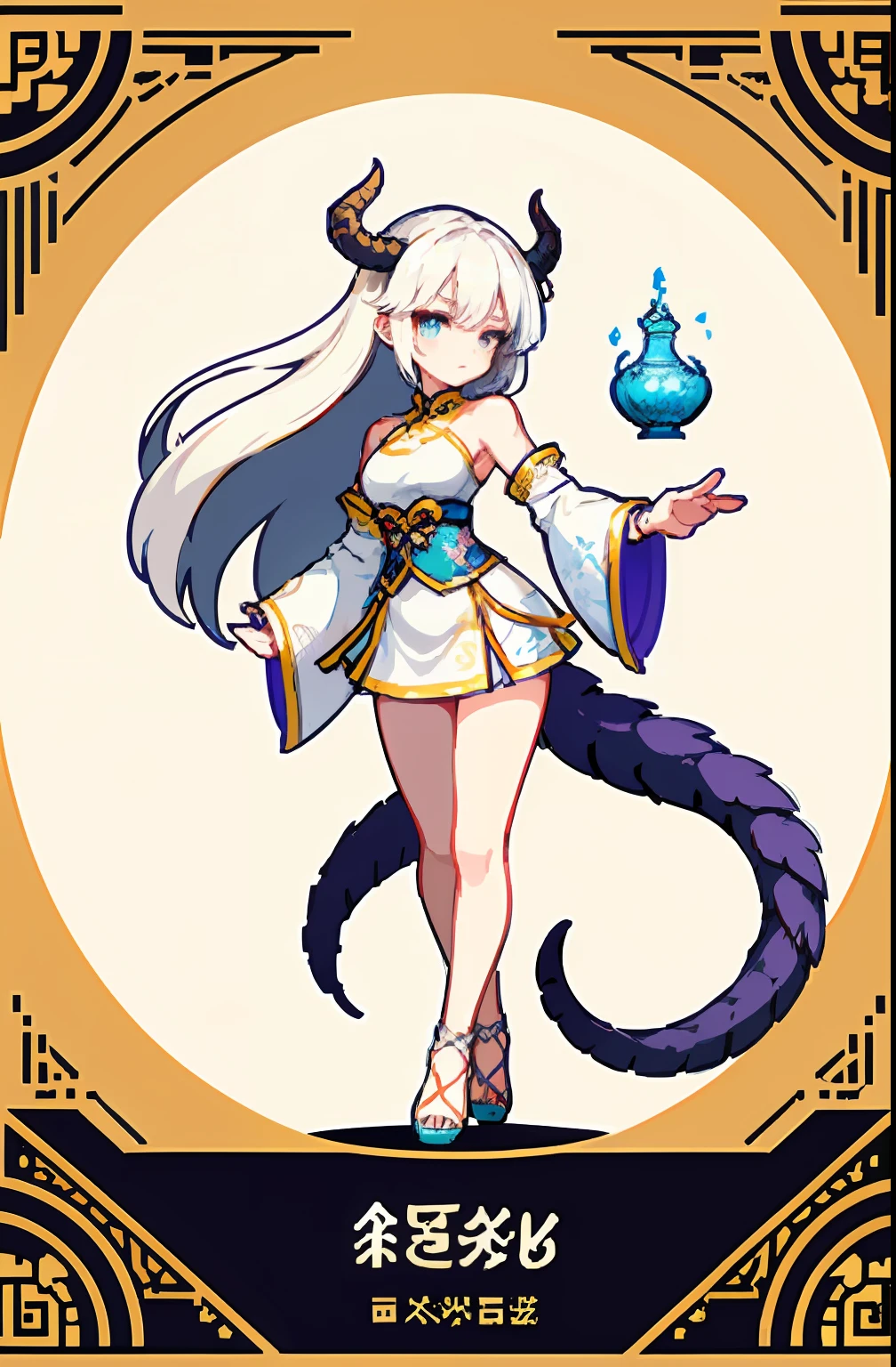 (offcial art：1.5，品质最佳，finedetail)full bodyesbian，Beautiful dragon girl character，Chinese mythology style fantasy world costume，white  skirt，Long, Flowing white hair，refined demeanor，A faint sad expression，Heroic，The body is graceful，beautifullegs，perfect bodies，Elegant and flowing。