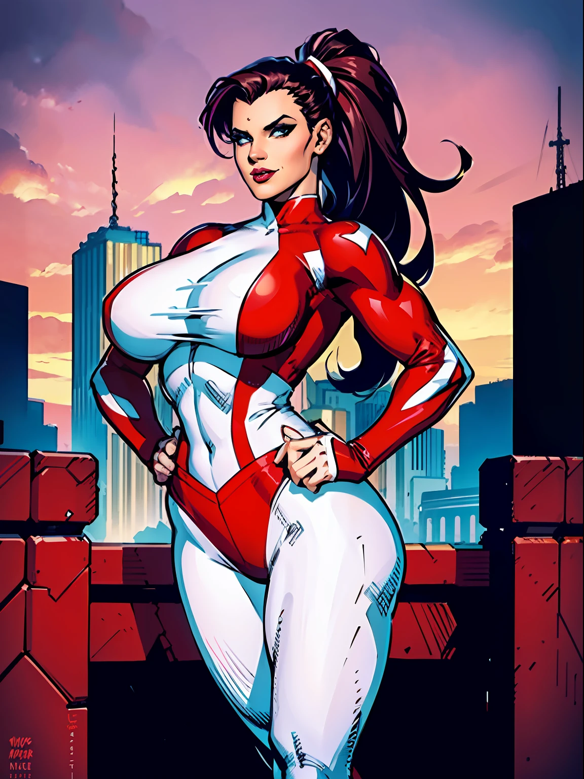 1girl, Stretcher the busty comic book woman, masterpiece, beautiful, high quality, high definition, superb quality, highly detailed, insane detail, sexy pose, posing for cameras, hands on hips, happy, smiling, stretching, hand on hip, long hair, huge ponytail, slim, thin, athletic, womanly, rubbery, elastic woman, (white and red spandex, white and red legs, tight top), rubber body, brunette, ((huge breasts)), city, heroic, cheerful, (bold nose, hawkish facial features),