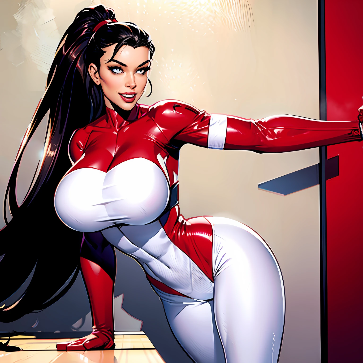 1girl, sexy pose, posing for cameras, hands on hips, Stretcher the busty comic book woman, happy, smiling, stretching, hand on hip, long hair, huge ponytail, slim, thin, athletic, womanly, rubbery, elastic woman, (white and red spandex), rubber body, brunette, ((huge breasts)), city, heroic, cheerful, (bold nose, hawkish facial features),