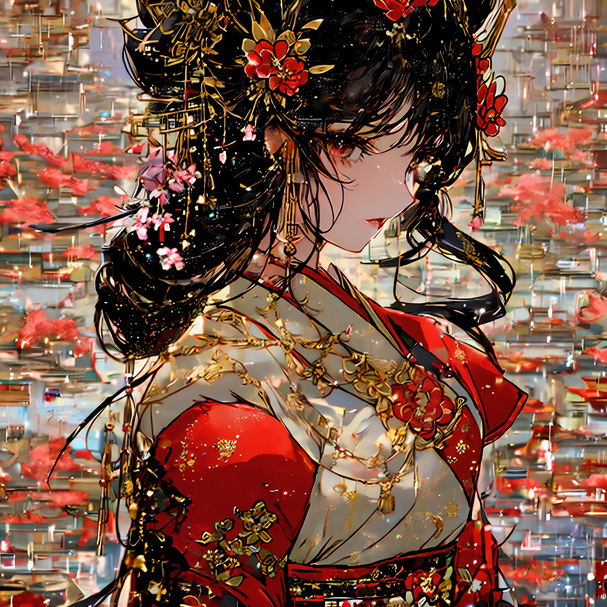 A close-up of a woman in Hanfu,Flowers in the hair, geisha hairstyle, ancient chinese beauti, traditional female hairstyles, Princesa chinesa antiga, remarkable geisha make up, ancient china art style, Wearing ancient Chinese clothes, China Princess, chinese empress, Traditional beauty, Beautiful rendering of the Tang Dynasty, eardrop,Delicate headgear