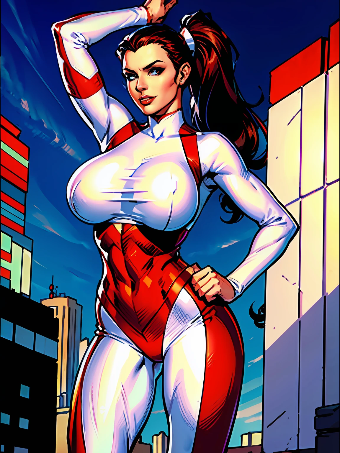 1girl, Stretcher the comic book woman, masterpiece, beautiful, high quality, high definition, superb quality, highly detailed, insane detail, sexy e, posing for cameras, hands on hips, happy, smiling, stretching, hand on hip, long hair, huge ponytail, slim, thin, athletic, womanly, rubbery, elastic woman, (white and red spandex, white and red legs, tight top), rubber body, brunette, ((huge breasts,aist)), city, heroic, cheerful, (bold nose, hawkish facial features),