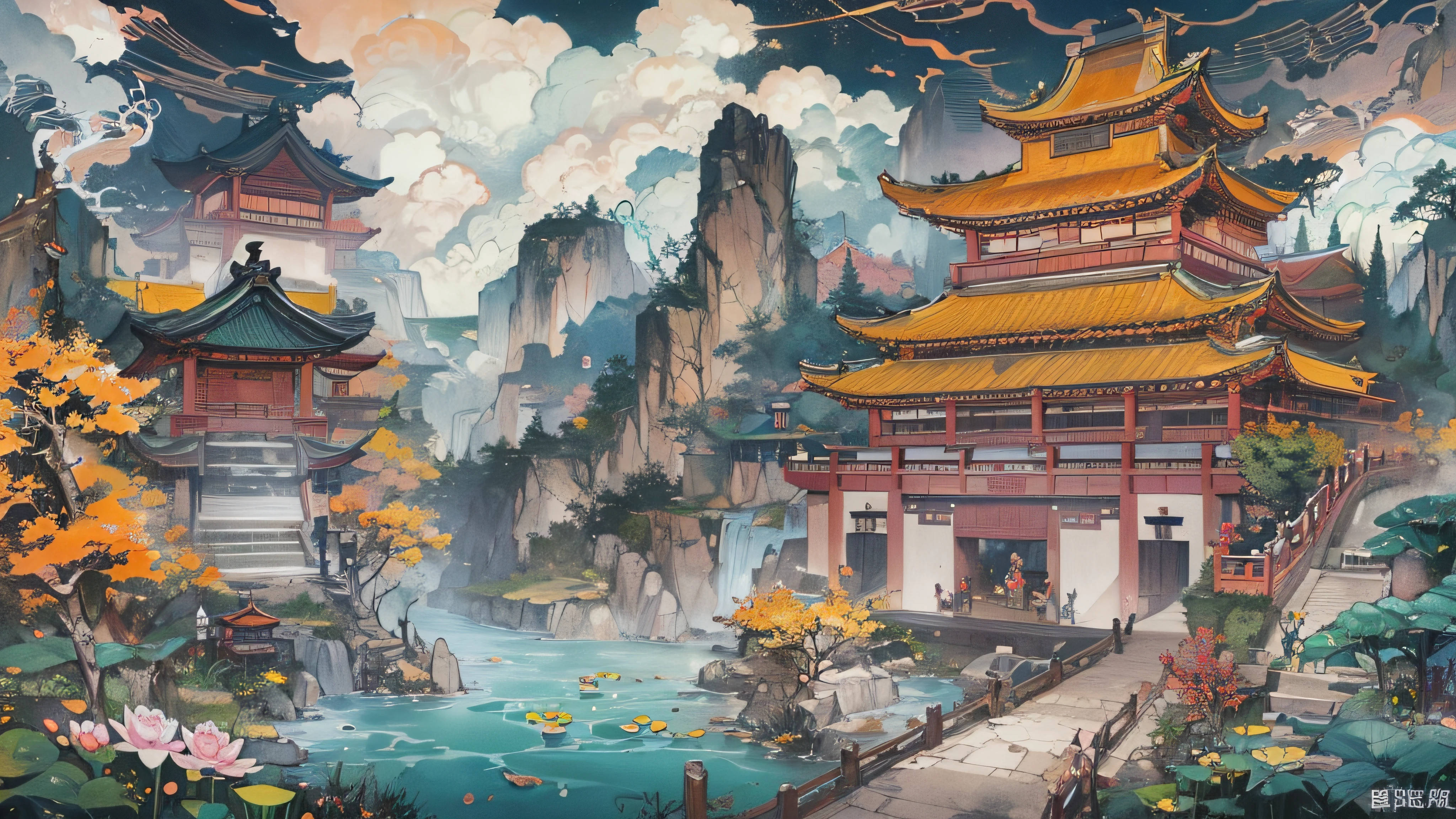 game scenes,Ancient Chinese palaces are located above the clouds,surrounded by cloud,Majestic,glazed tiles,BUDDHA STATUE,gorgeous color,hot onsen,lotuses,vapour((Color ink)),((Splash ink)), ((splash ink ) ink } )), tmasterpiece, high high quality, Beautiful graphics, high detal