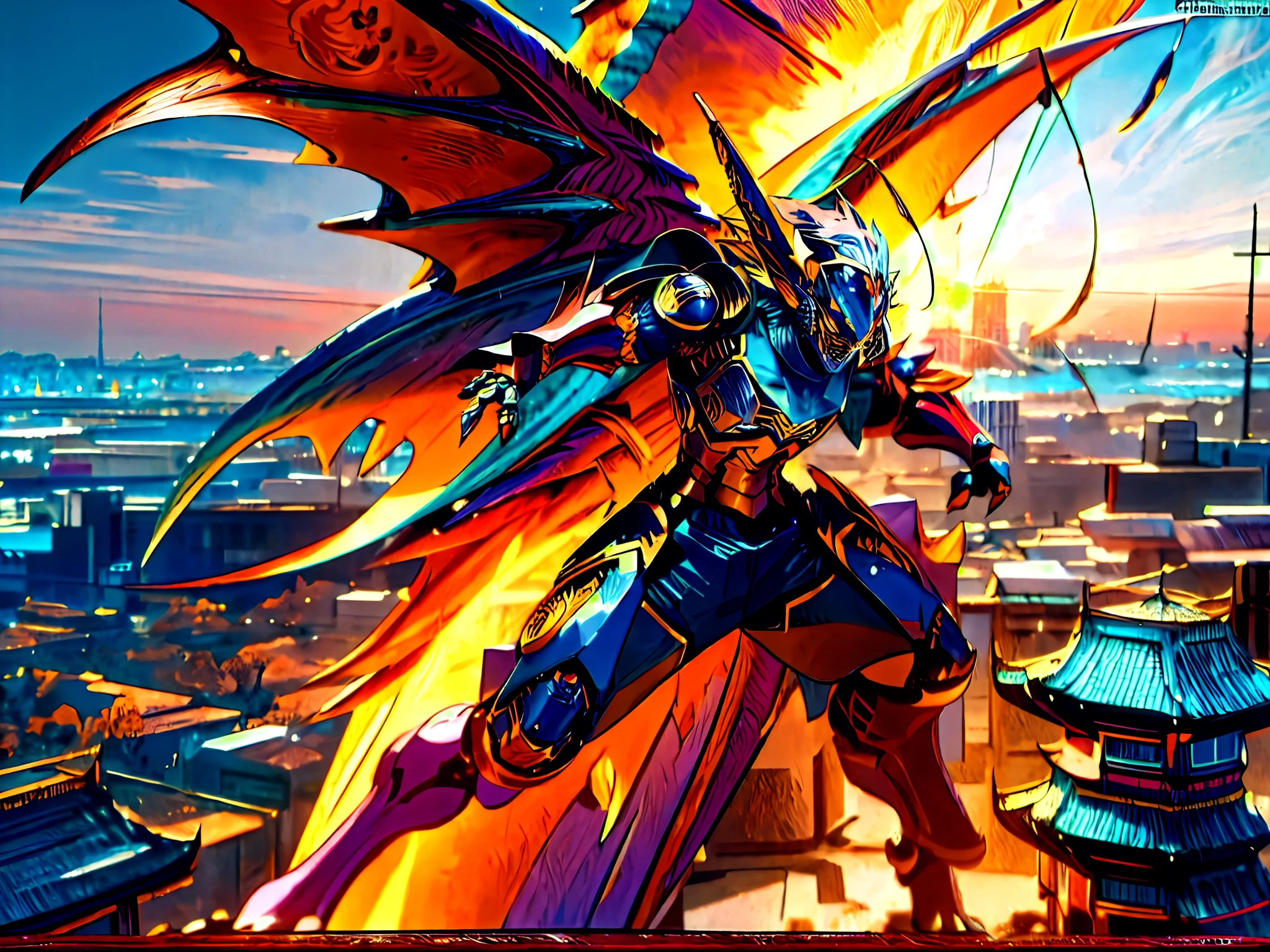 Anime style pictures,Dragons and swords and cities in the background, Dragon Knight, Anime epic artwork, anime concept hdr anime macmanus, dragon cyborg, dan munford. Maya rendering, high detailed official artwork, hero pose colorful city lighting, Epic fantasy digital art style, epic dragon, Badass anime 8 K, 2. 5 D CGI anime fantasy artwork