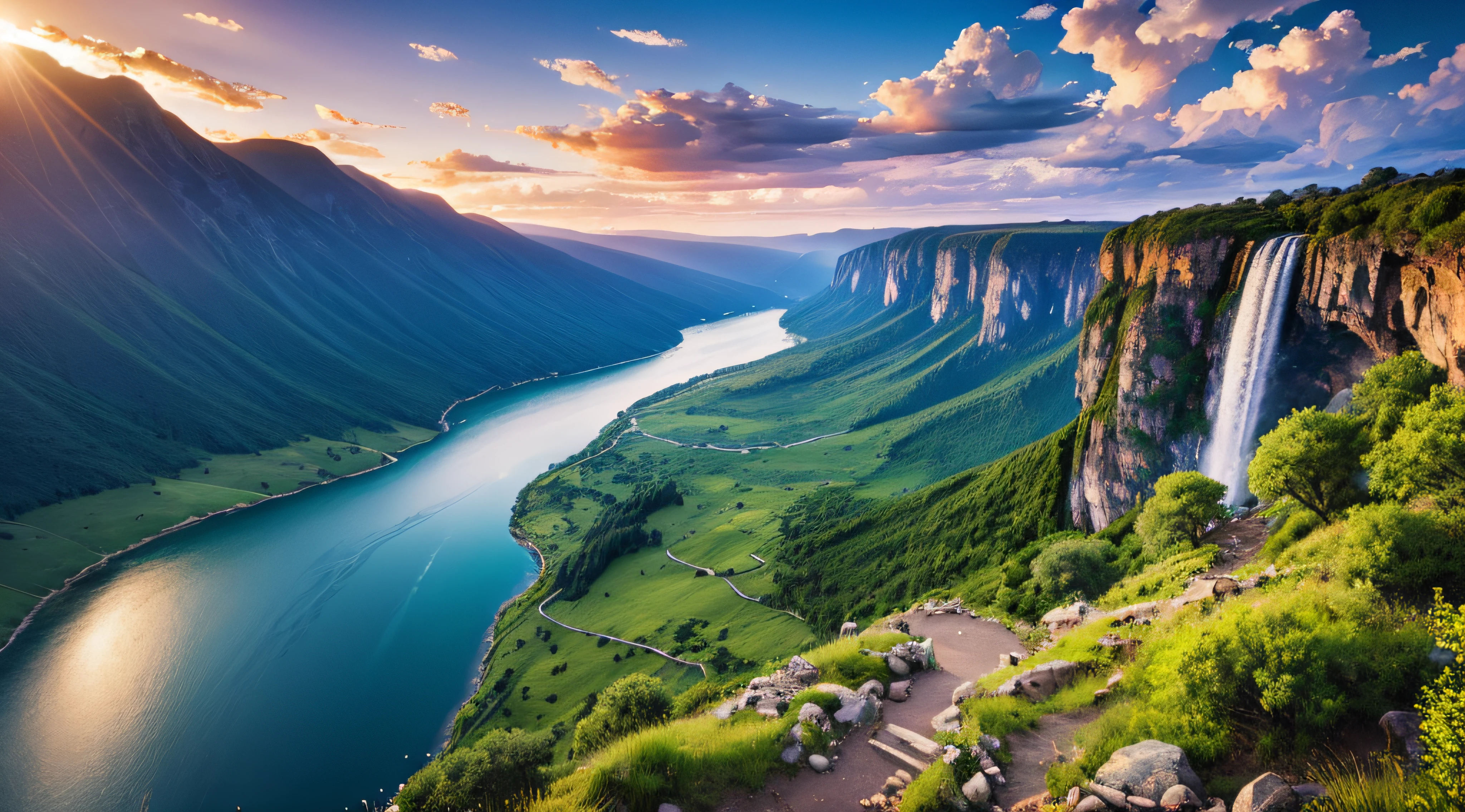 tmasterpiece,Ultimate quality,CG unity 8k wallpaper,Super delicate,Beautiful skies and clouds,Rich natural scenery,sheer cliffs,Lakes and rivers,Waterfall flying water,Aoyama is beautiful,Nowhere to be seen,Excellent view,A long-won photo contest,scenecy,photography of,Ultra photo realsisim,Background bokeh,The depth of field is full,HDR high dynamics,True restore,iintricate,Attention to detail,Dramatic,The perfect presentation of Midjourney's artistic style