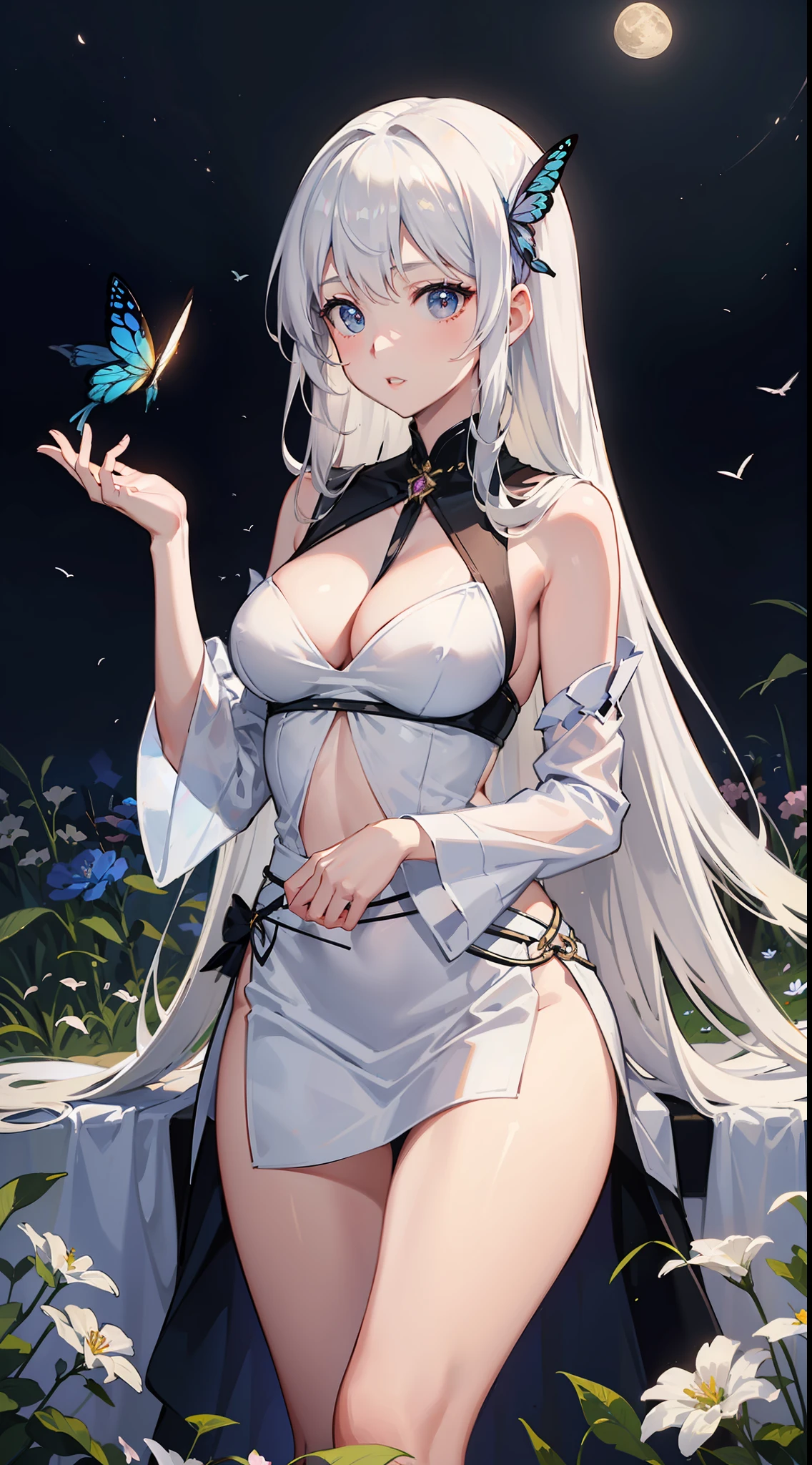 long white hair,Very long hair,White skin of the,Sexy body curves,In the meadow,butterflys,Flying birds,fresh flowers,the night,themoon,above waist,Portrait photo,white skirt