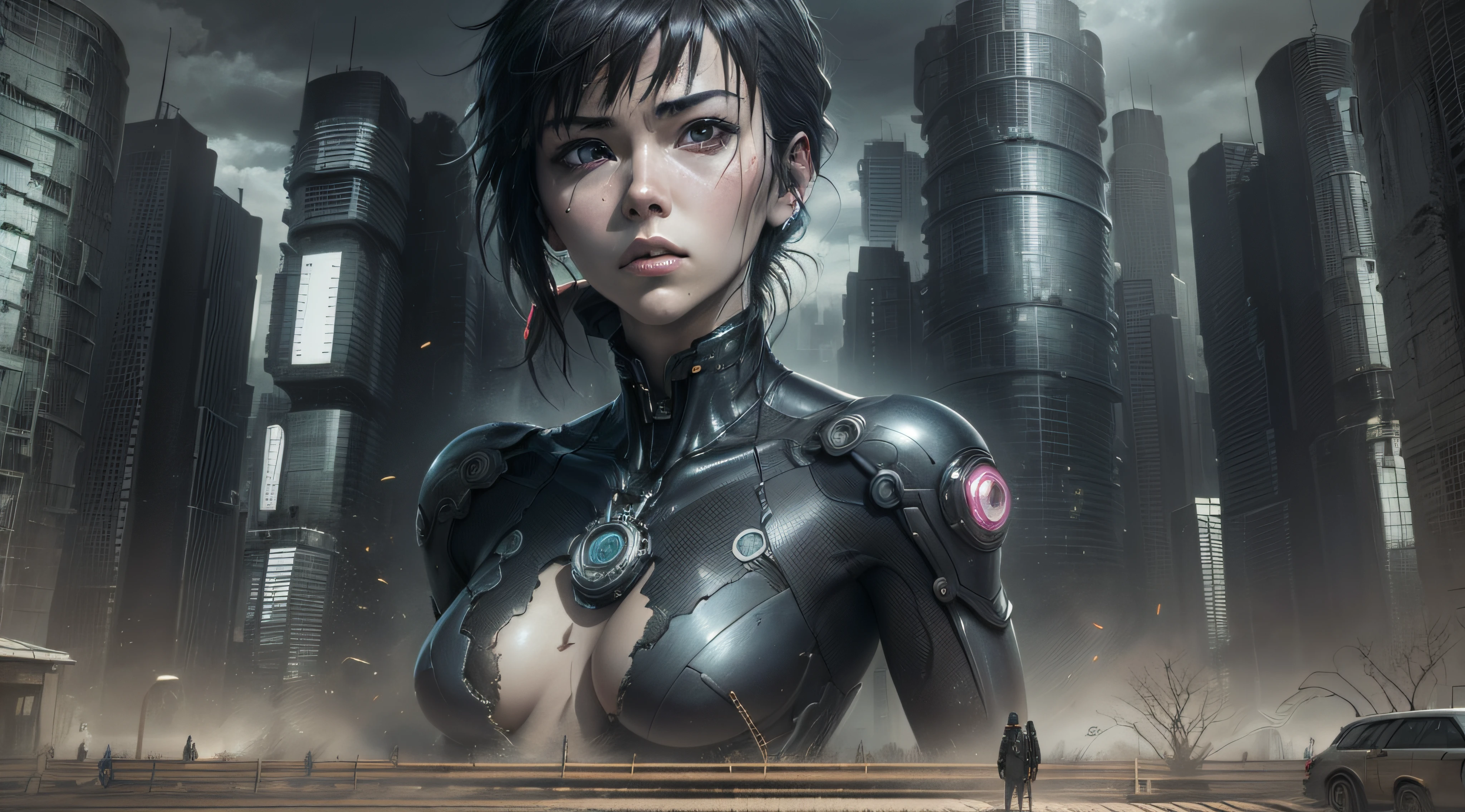 ghost in the shell kusanagi corpo escultural, numa maquina com cabos e fios ligados,
