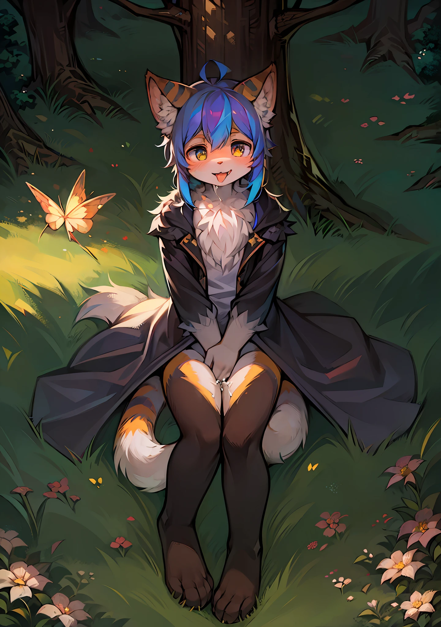 Masterpiece,High quality,abstract res,Digital painting\(artwork of a\), author:BrukkiGunar, Yupa,Kiyosan,(anthro,Fluffy fur,Character focus:1.1),anthro male cat,Portrait , eyes with brightness, in a panoramic view, Character focus.(detailedbackground:0.7), 独奏, shaggy, shaggy male, Majesty,apathy,Handsome,Stick out your tongue,malefocus, Robust,Strong ,The erection,cum shots,lovemaking,be violated,anthr(Full Body Furry, Fluffy tail, Colorful fur, Colored eyes), (Long felines、moth、White feathers、Colored ears、Colored tail、colorful pattern、Colored hair、Manteau:1.2),(External、In the daytime、Dense grass、Low tree、clear skies、grassy fields),18+