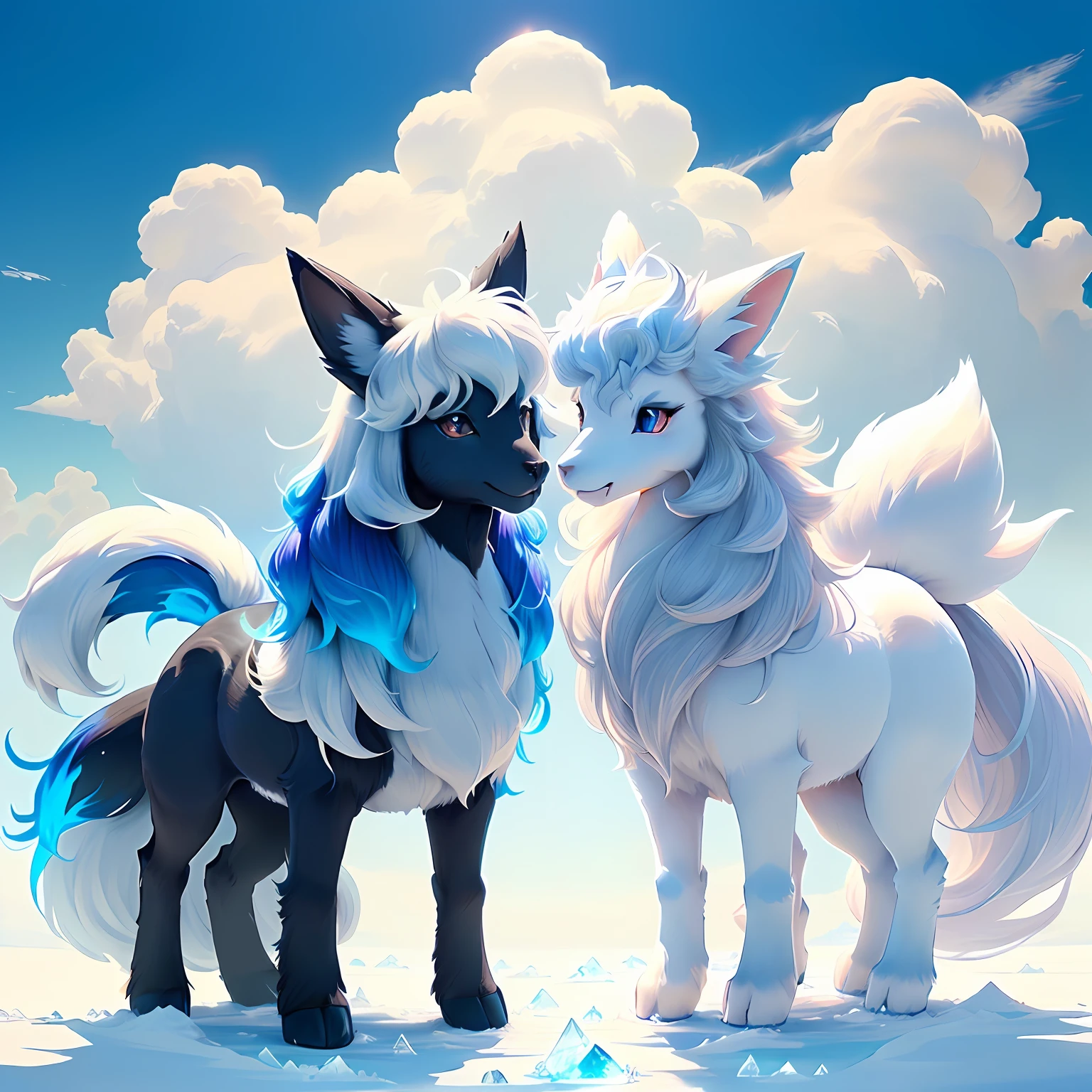 there is a white and blue horse with a blue mane, ninetales, new pokemon, style of cute pokemon, style of pokemon, poofy manes of fur, the fox-like evolution pokemon, melting into vulpix, fluffy tail, cloud-like white hair, thick fluffy tail, fluffy!!!, a glaceon ice princess, poofy, conceptual mystery pokemon
